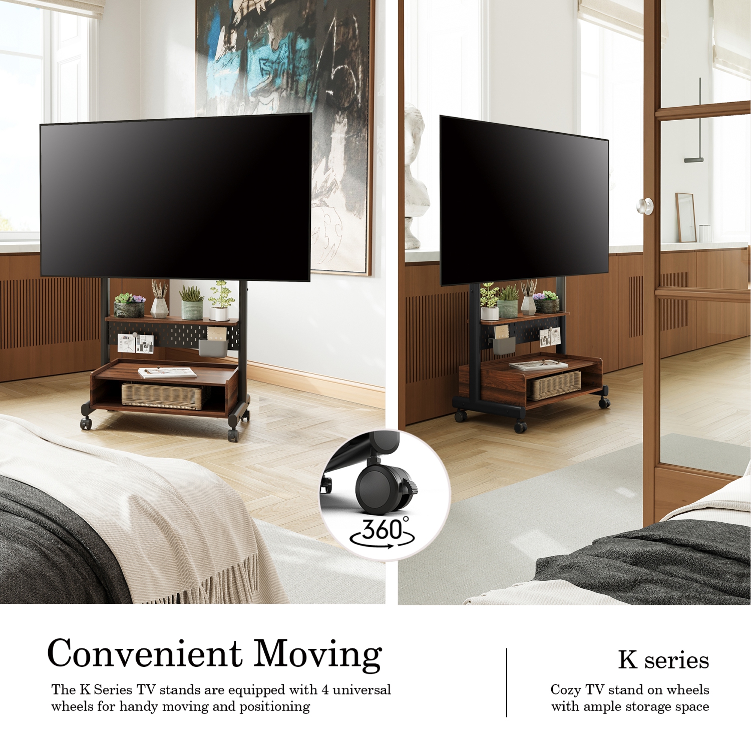 Meuble pour téléviseur avec rangement et roulettes de FITUEYES pour écran plat ACL DEL 40 à 85&nbsp;po, support en coin pour téléviseur avec panneau