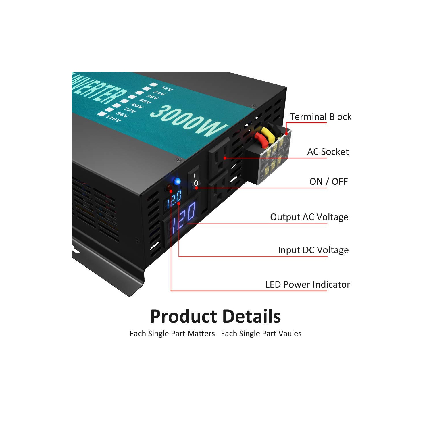 Boîte ouverte - 3000&nbsp;W convertisseur de courant alternatif à onduleur continu-alternatif Pure Sine Wave de WZRELB 12&nbsp;V, noir