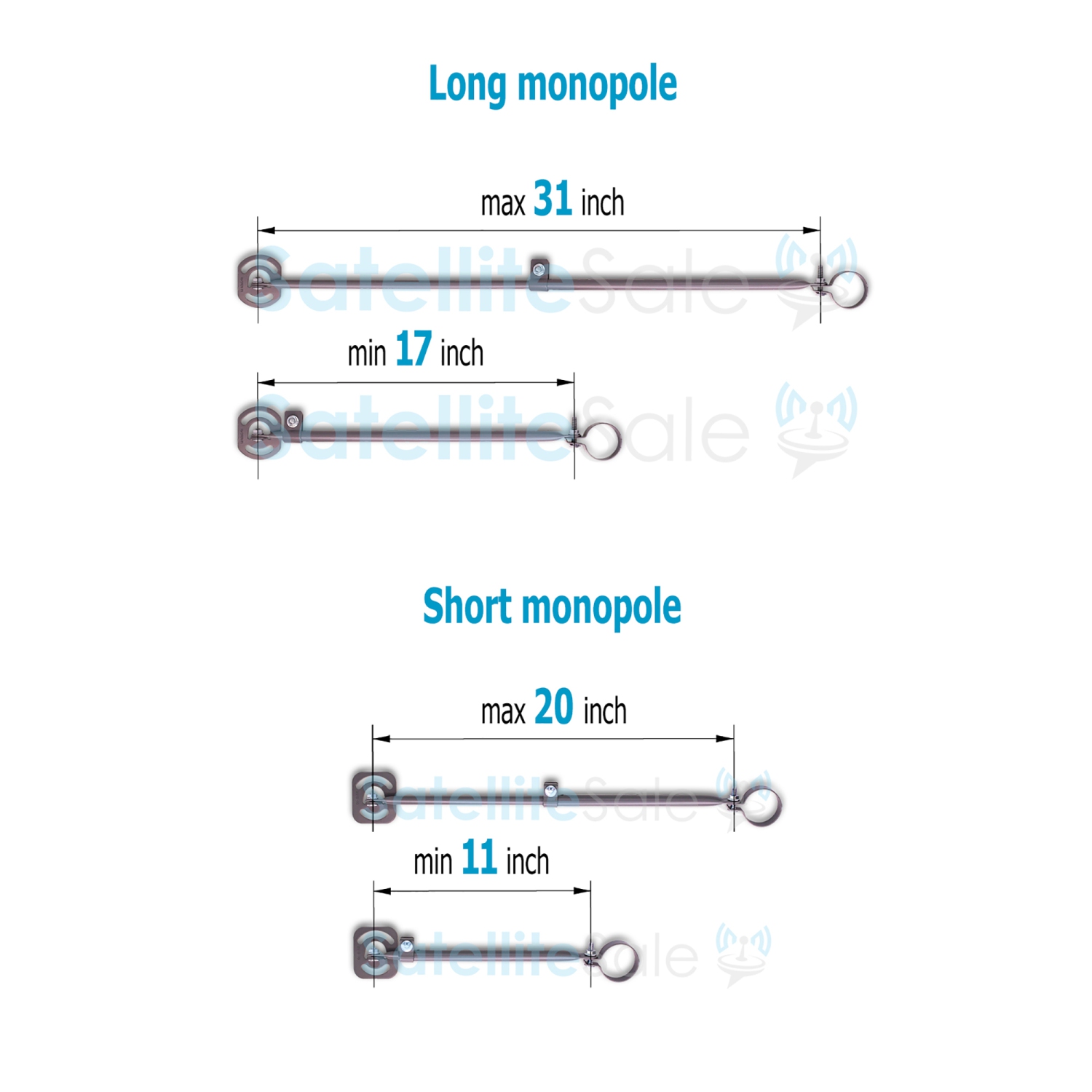 SatelliteSale Universal 2 Support Arms Adjustable Telescopic Monopoles Braces with Screws and Mastic Pitch Pads Short 19" and Long 33"