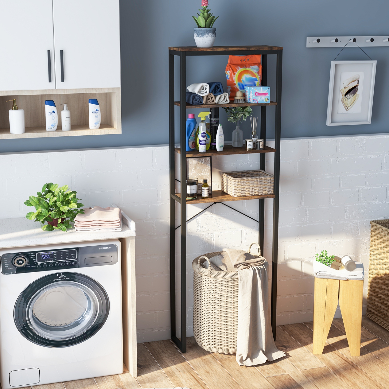 Topbuy par-dessus le support de rangement de toilette industriel à 4 niveaux avec pieds réglables et dispositifs antirenversement