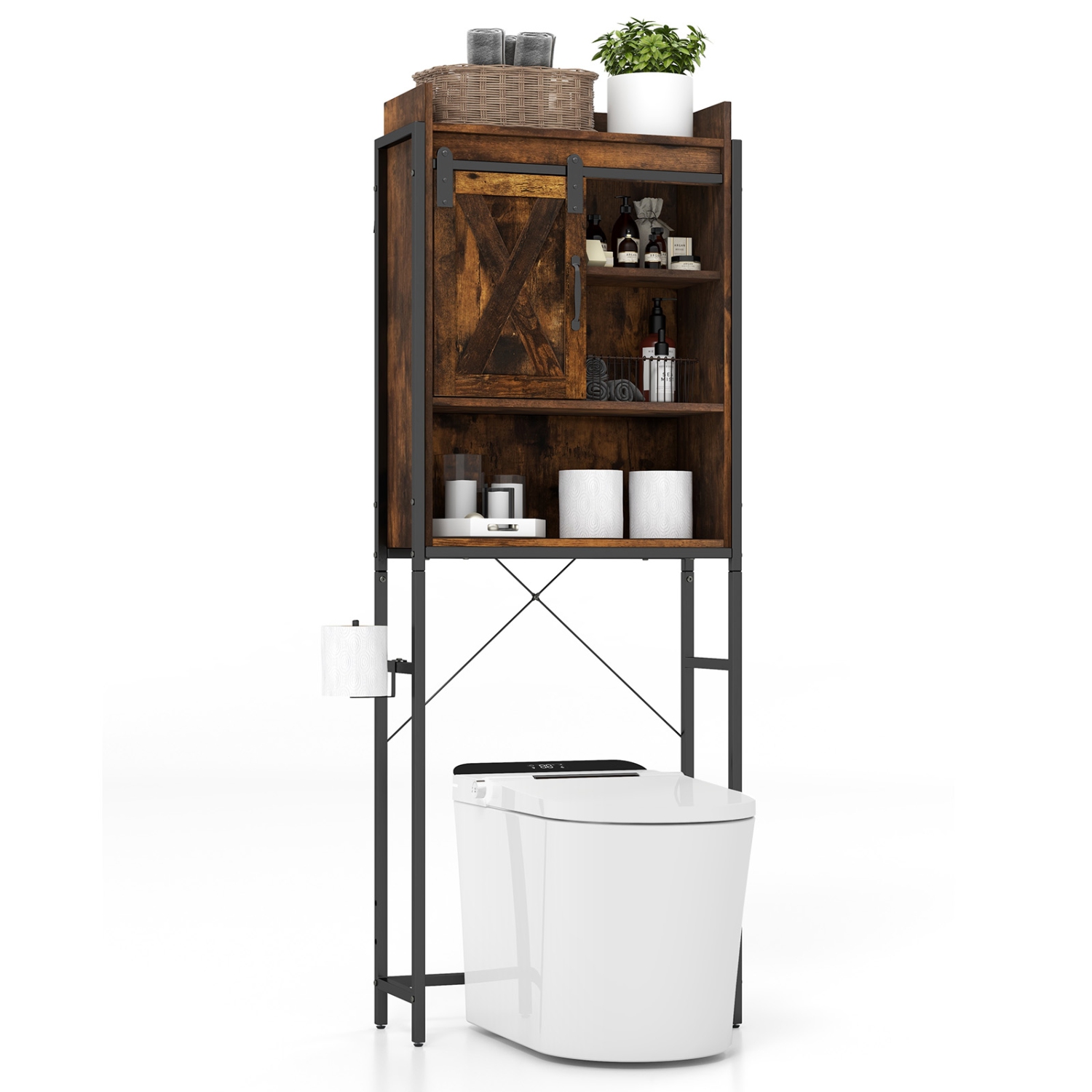 Topbuy Over The Toilet Storage Cabinet 4-Tier Bathroom Organizer w/ Adjustable Shelves Sliding Barn Door & Toilet Paper Holder Rustic Brown/Espresso