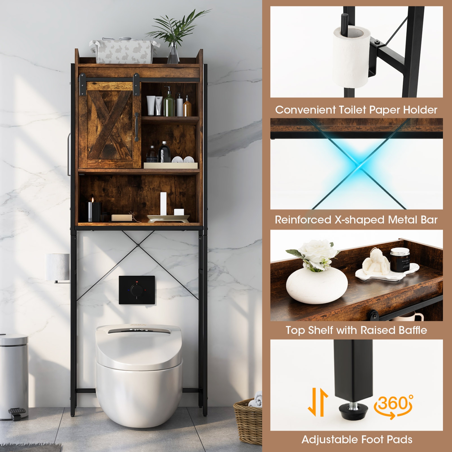 Topbuy Over The Toilet Storage Cabinet 4-Tier Bathroom Organizer w/ Adjustable Shelves Sliding Barn Door & Toilet Paper Holder Rustic Brown/Espresso