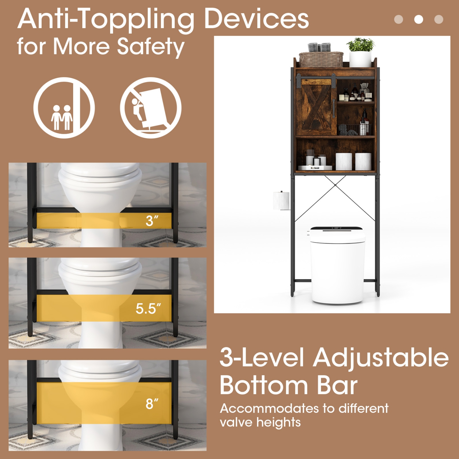 Topbuy Over The Toilet Storage Cabinet 4-Tier Bathroom Organizer w/ Adjustable Shelves Sliding Barn Door & Toilet Paper Holder Rustic Brown/Espresso