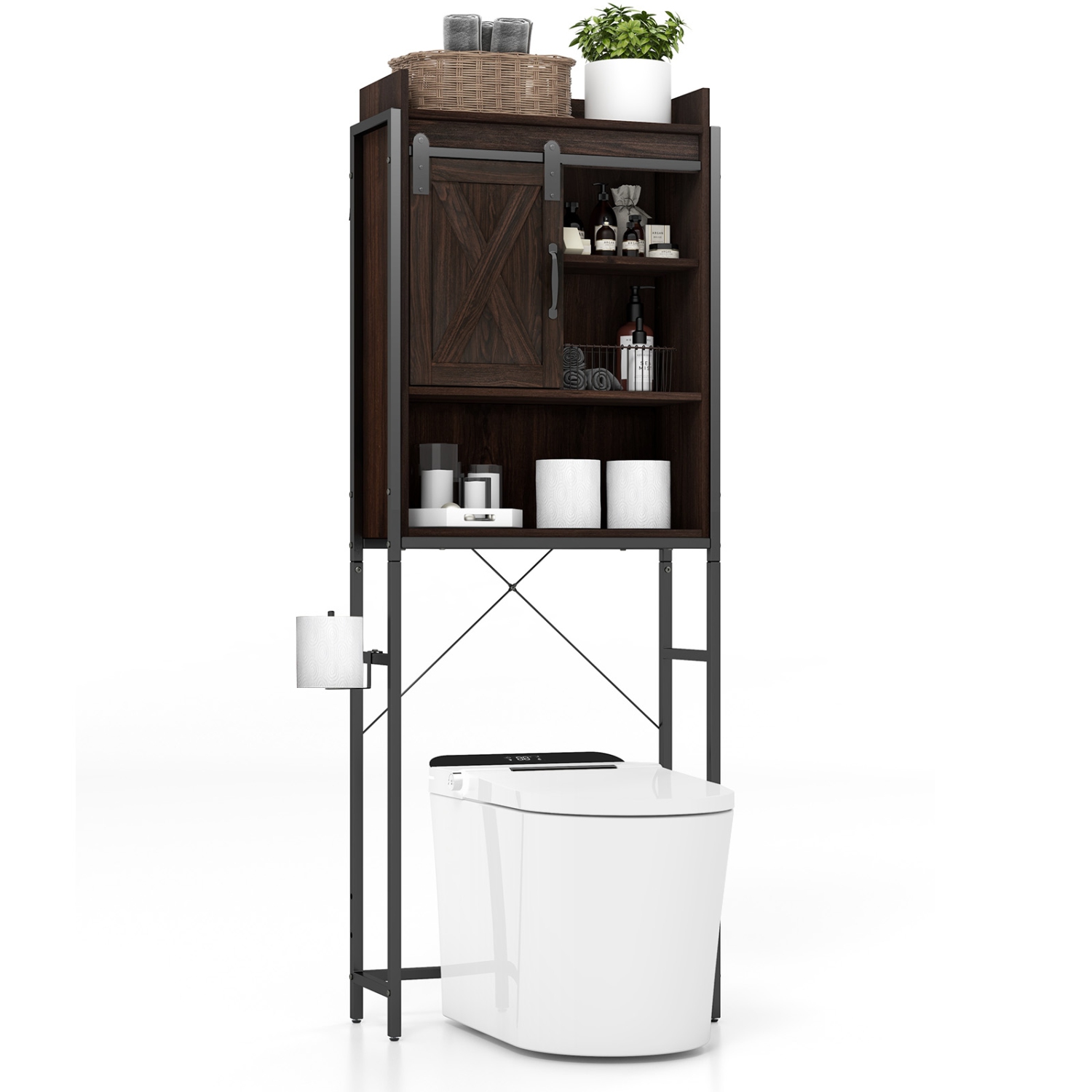 Topbuy Over The Toilet Storage Cabinet 4-Tier Bathroom Organizer w/ Adjustable Shelves Sliding Barn Door & Toilet Paper Holder Rustic Brown/Espresso
