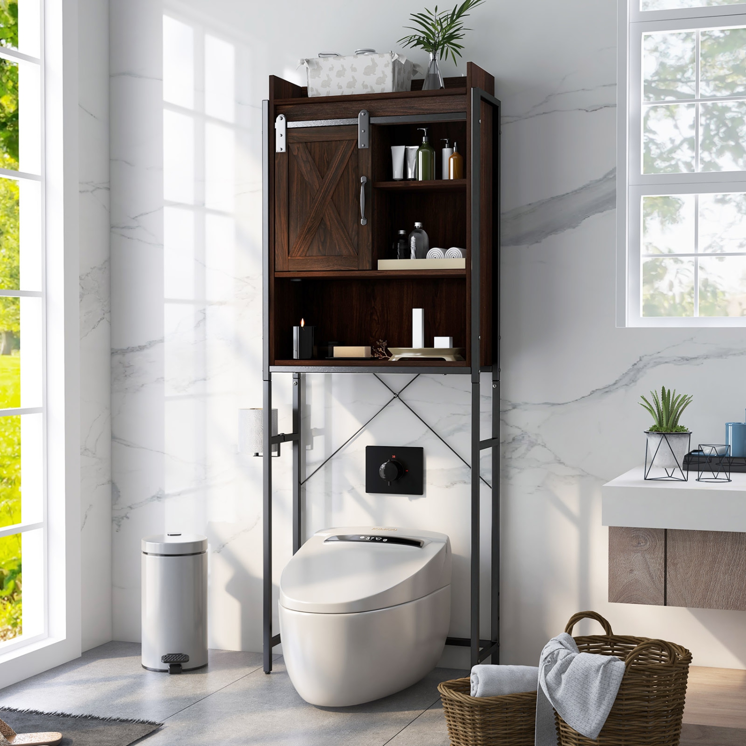 Topbuy Over The Toilet Storage Cabinet 4-Tier Bathroom Organizer w/ Adjustable Shelves Sliding Barn Door & Toilet Paper Holder Rustic Brown/Espresso