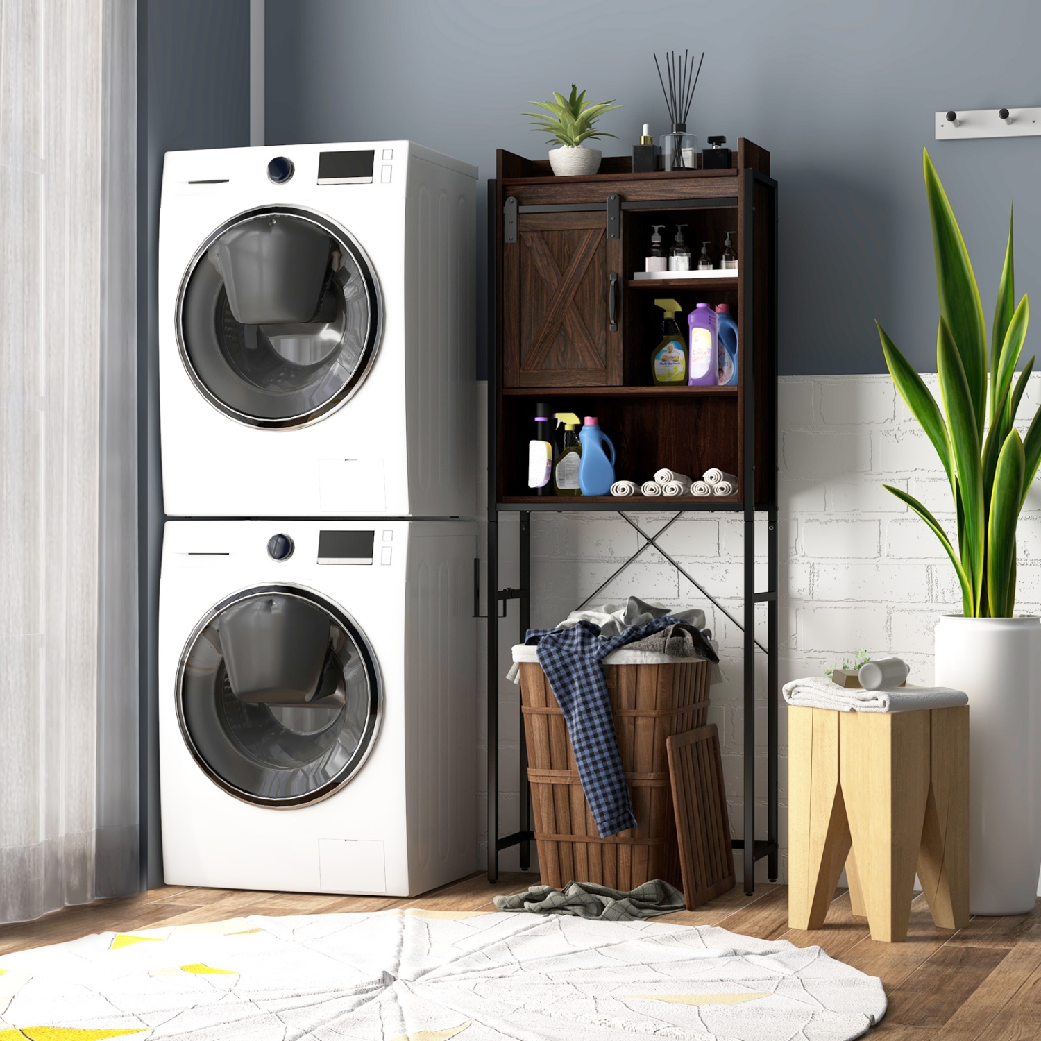 Topbuy Over The Toilet Storage Cabinet 4-Tier Bathroom Organizer w/ Adjustable Shelves Sliding Barn Door & Toilet Paper Holder Rustic Brown/Espresso