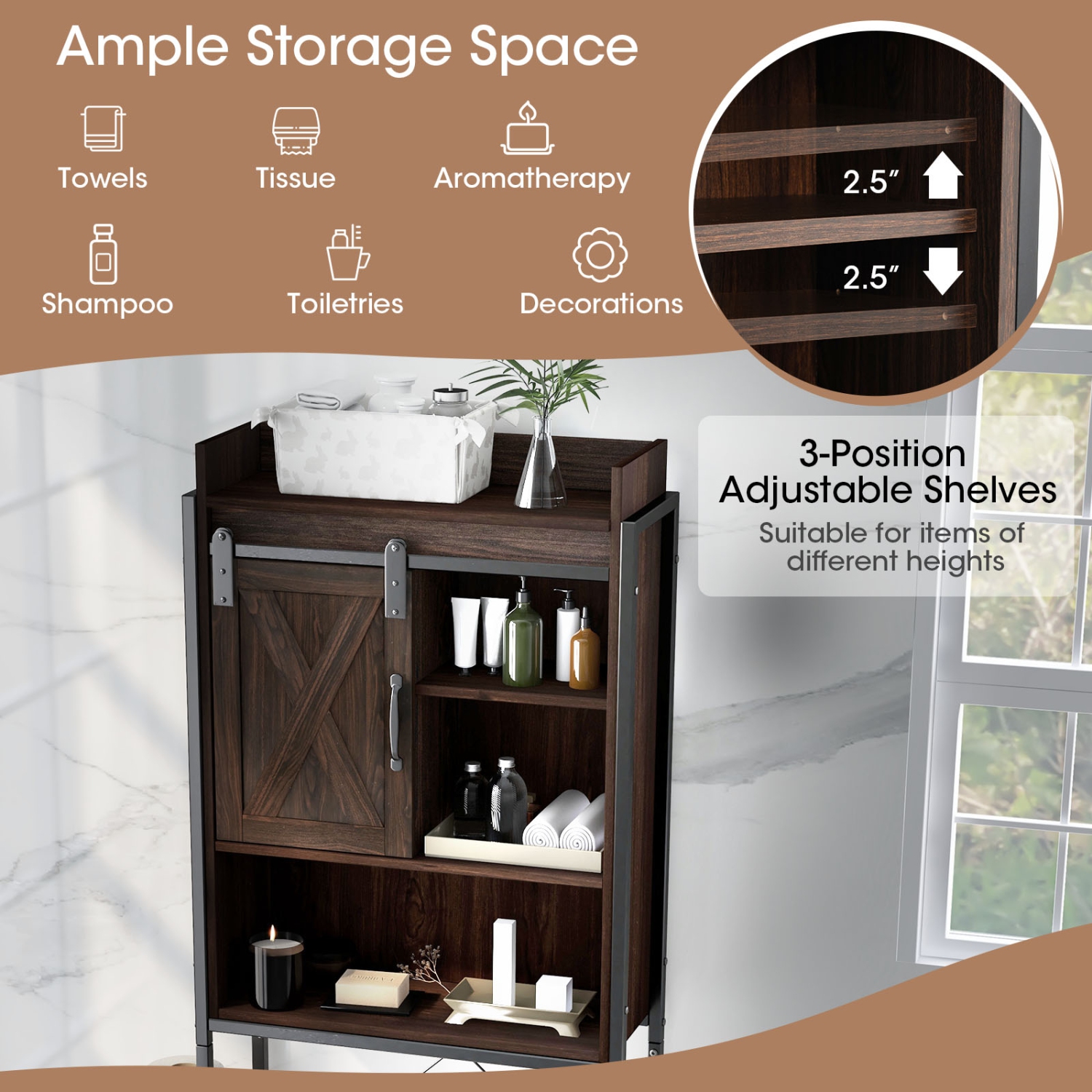 Topbuy Over The Toilet Storage Cabinet 4-Tier Bathroom Organizer w/ Adjustable Shelves Sliding Barn Door & Toilet Paper Holder Rustic Brown/Espresso