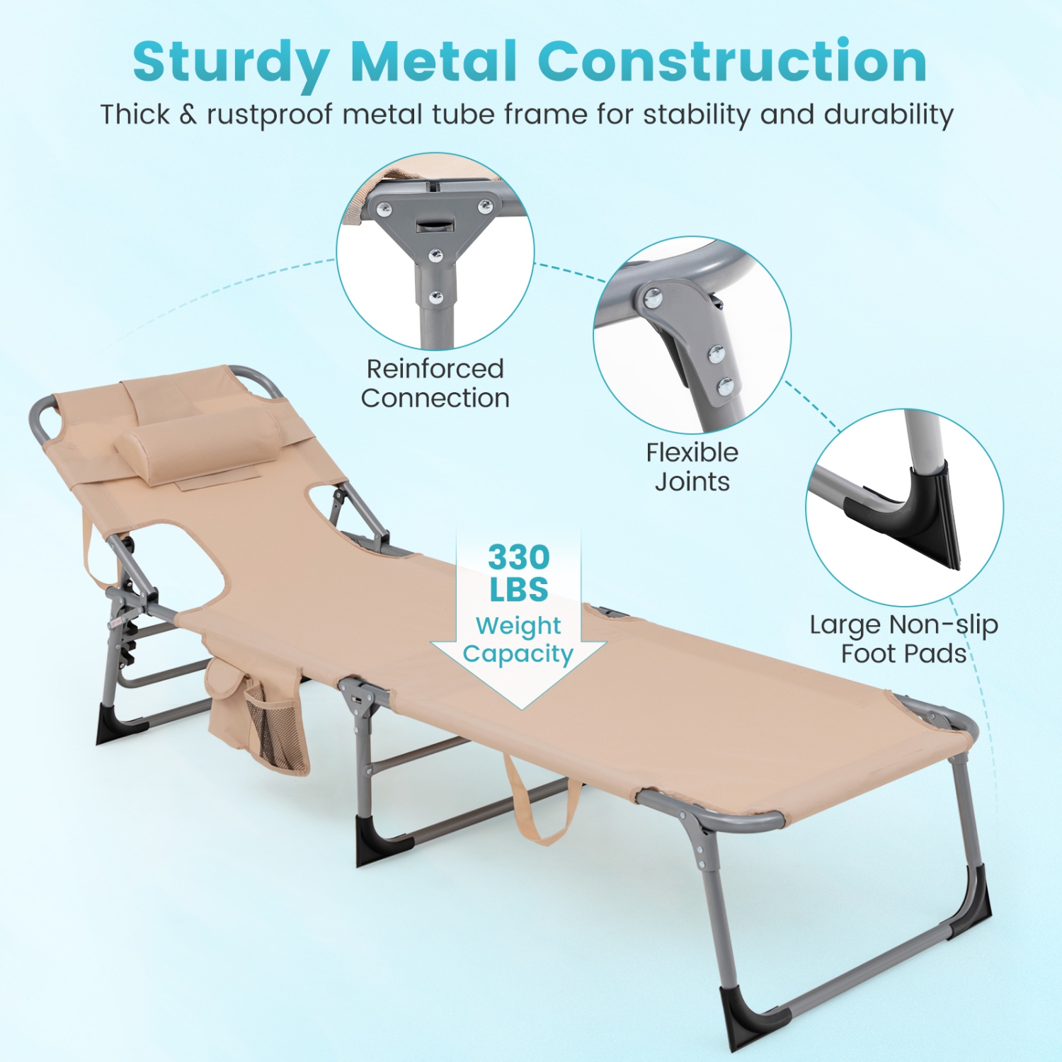 Patiojoy Beach Lounge Chair Reclining Chair with 5 Adjustable Positions Detachable Pillow &Hand Ropes Blue/Black/Gray/Turquoise