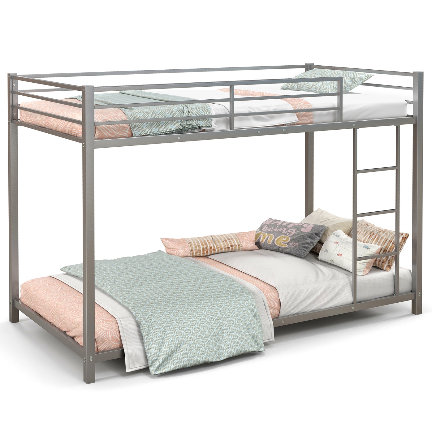 Topbuy Metal Bunk Bed Twin over Twin Low-Profile Bunk Bed Frame with Full Length Guardrail & Ladder Space-saving Twin Size Bed Black/Sliver/White