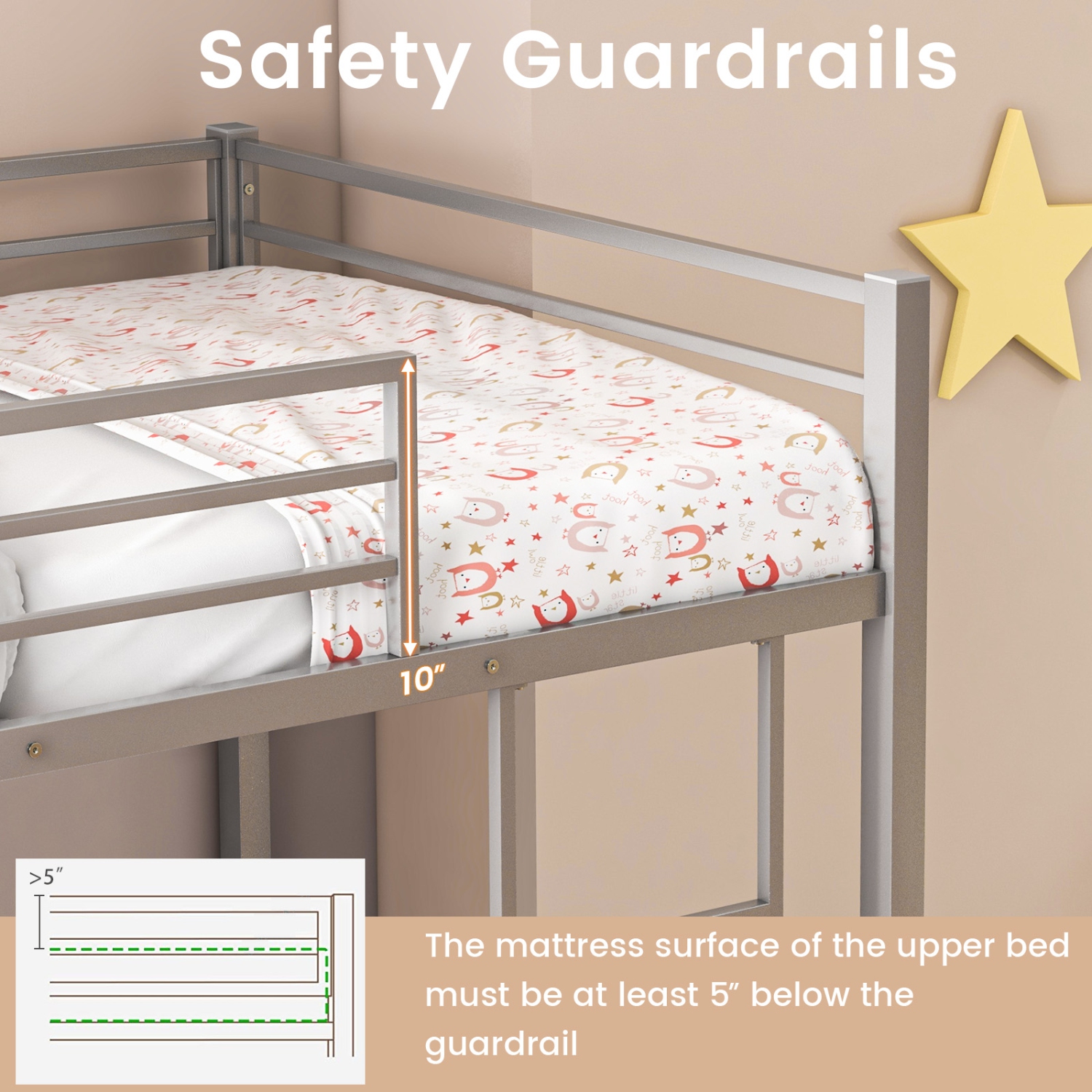 Topbuy Metal Bunk Bed Twin over Twin Low-Profile Bunk Bed Frame with Full Length Guardrail & Ladder Space-saving Twin Size Bed Black/Sliver/White