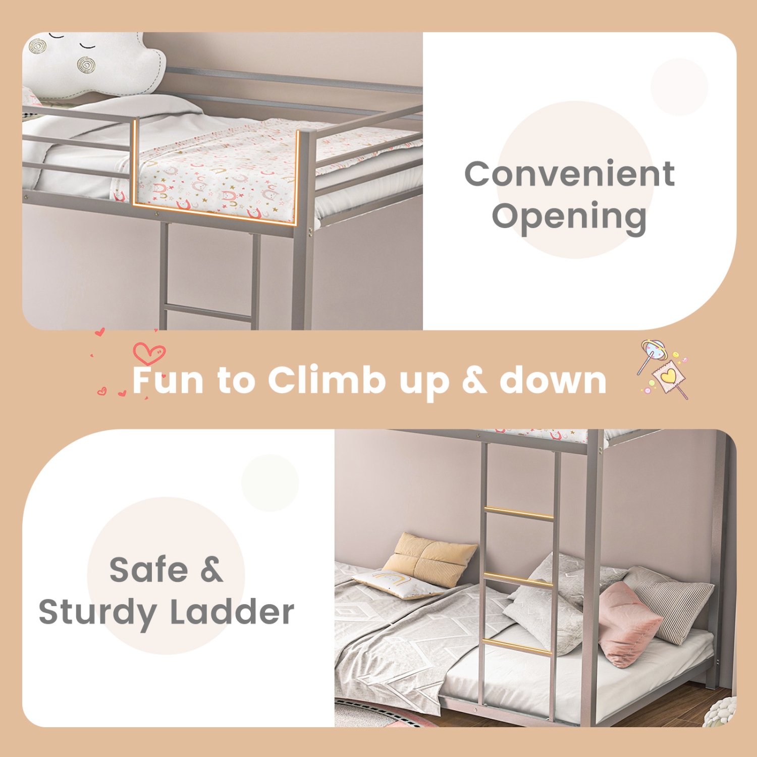 Topbuy Metal Bunk Bed Twin over Twin Low-Profile Bunk Bed Frame with Full Length Guardrail & Ladder Space-saving Twin Size Bed Black/Sliver/White
