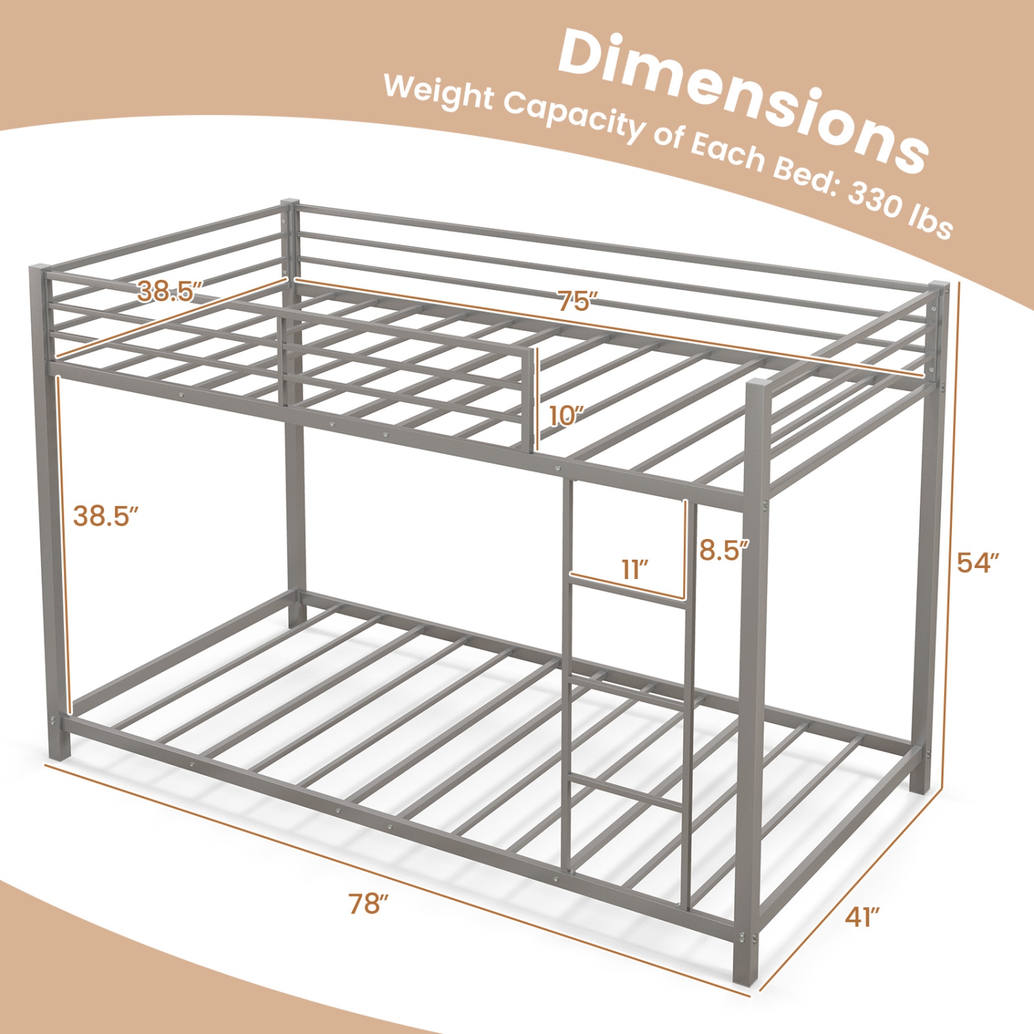 Topbuy Metal Bunk Bed Twin over Twin Low-Profile Bunk Bed Frame with Full Length Guardrail & Ladder Space-saving Twin Size Bed Black/Sliver/White