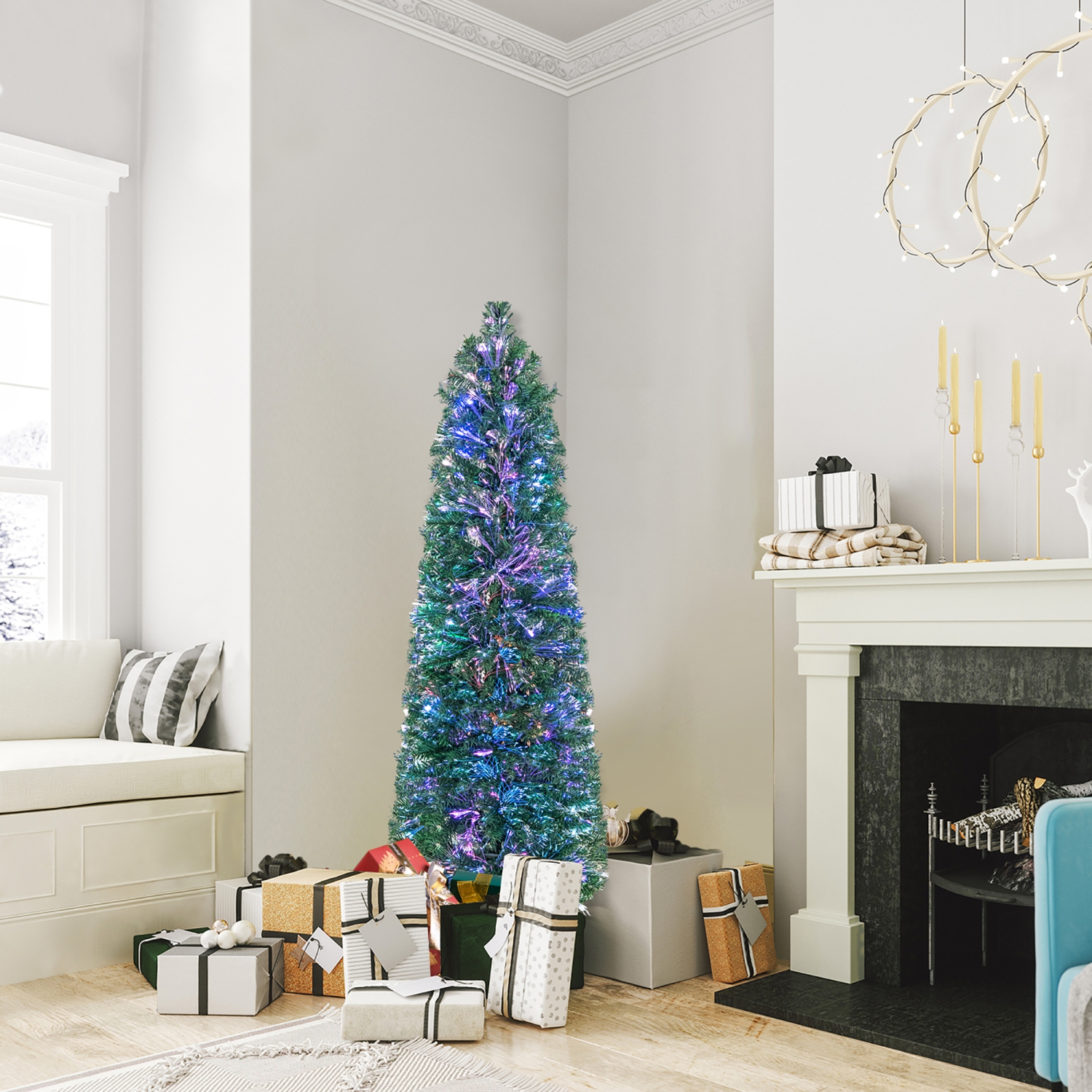 Gymax 5 FT Fiber Optic Artificial Christmas Tree Slim Pencil Xmas Tree w/ Colorful Lights & 361 Branch Tips