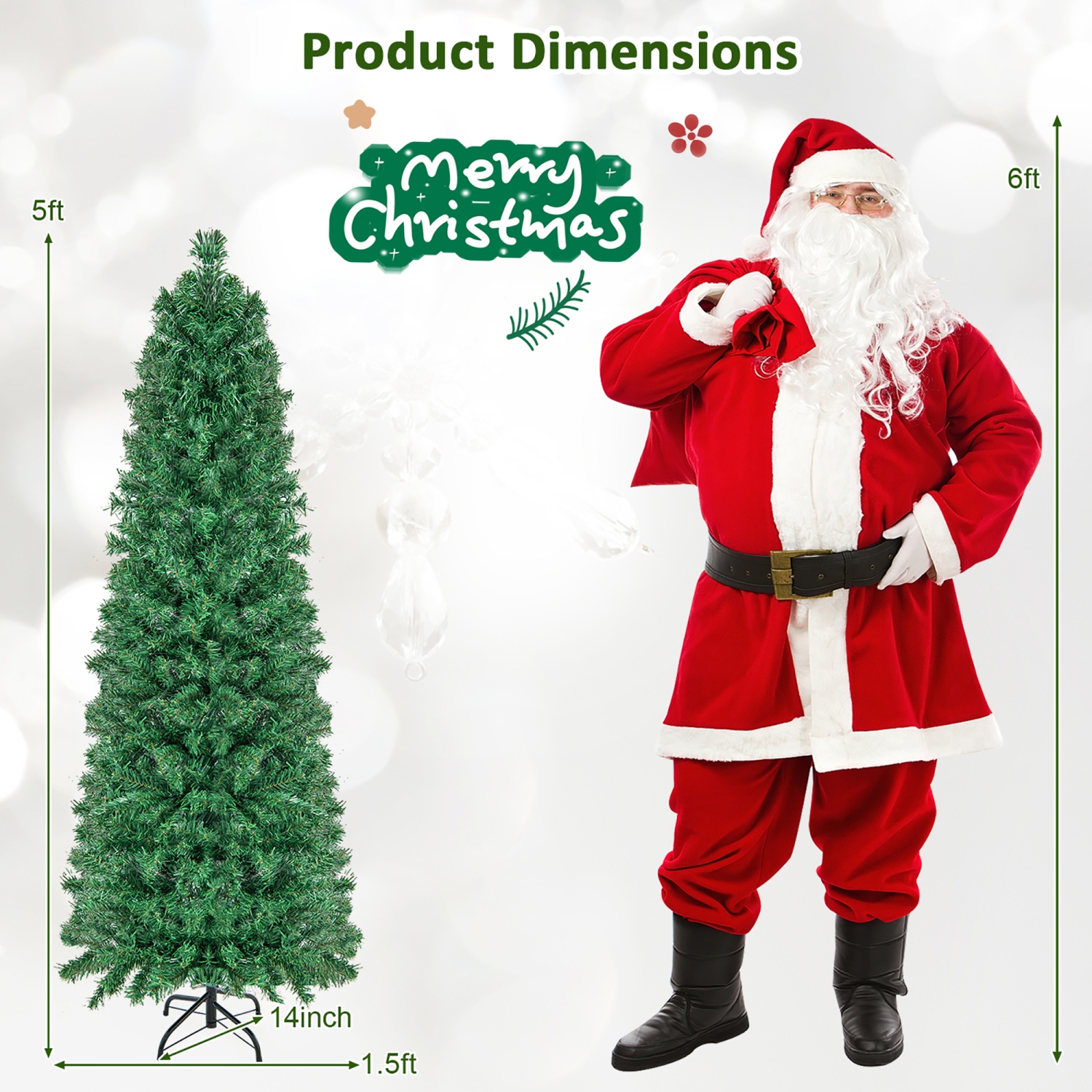 Gymax 5 FT Fiber Optic Artificial Christmas Tree Slim Pencil Xmas Tree w/ Colorful Lights & 361 Branch Tips