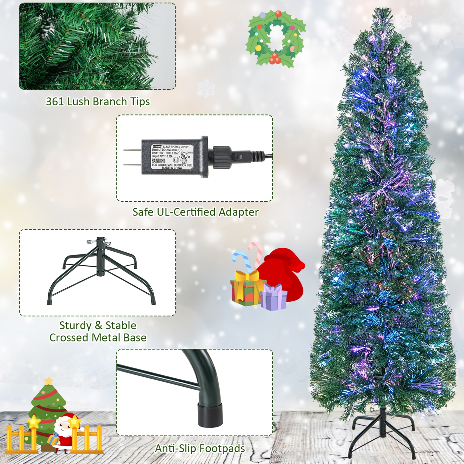 Gymax 5 FT Fiber Optic Artificial Christmas Tree Slim Pencil Xmas Tree w/ Colorful Lights & 361 Branch Tips