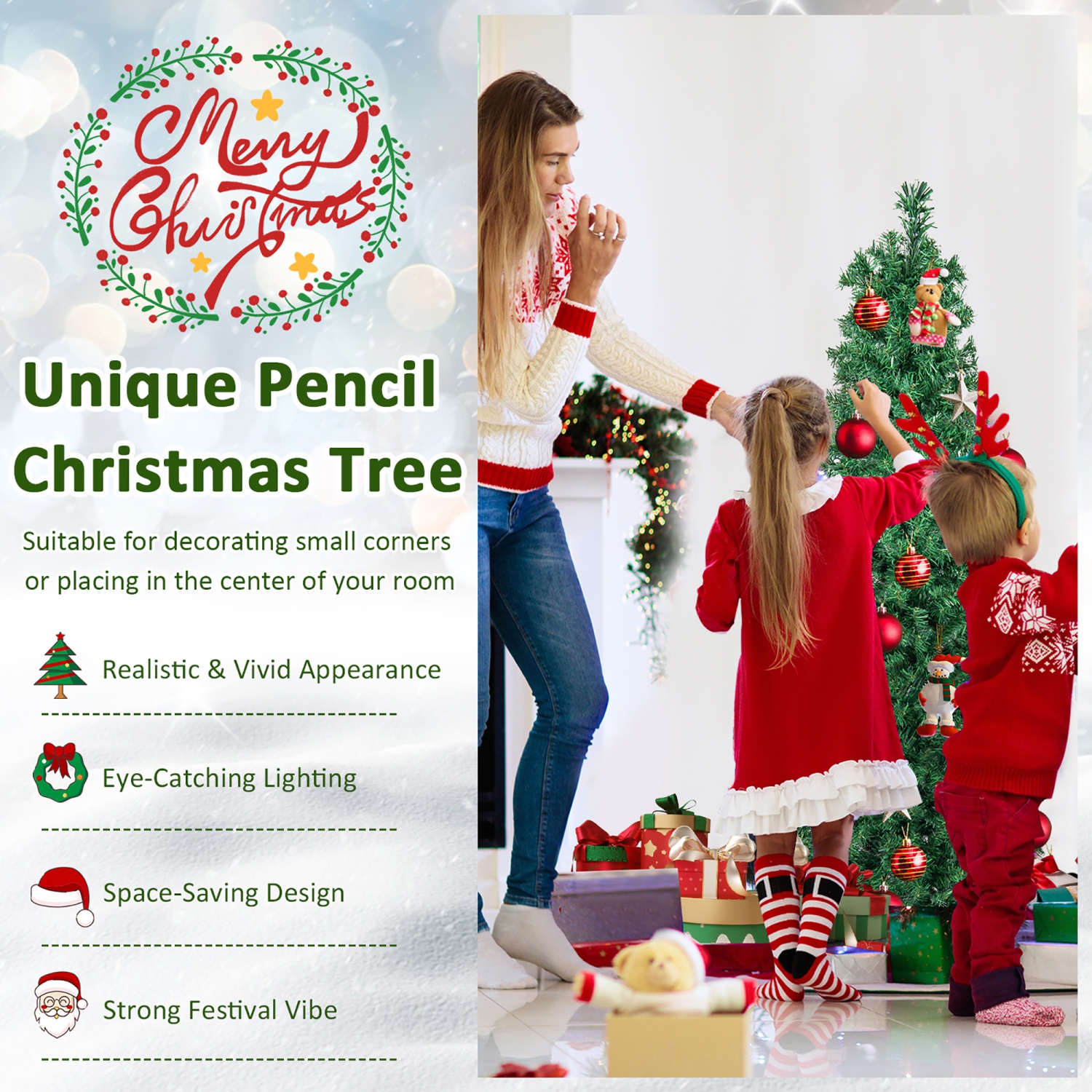 Gymax 5 FT Fiber Optic Artificial Christmas Tree Slim Pencil Xmas Tree w/ Colorful Lights & 361 Branch Tips