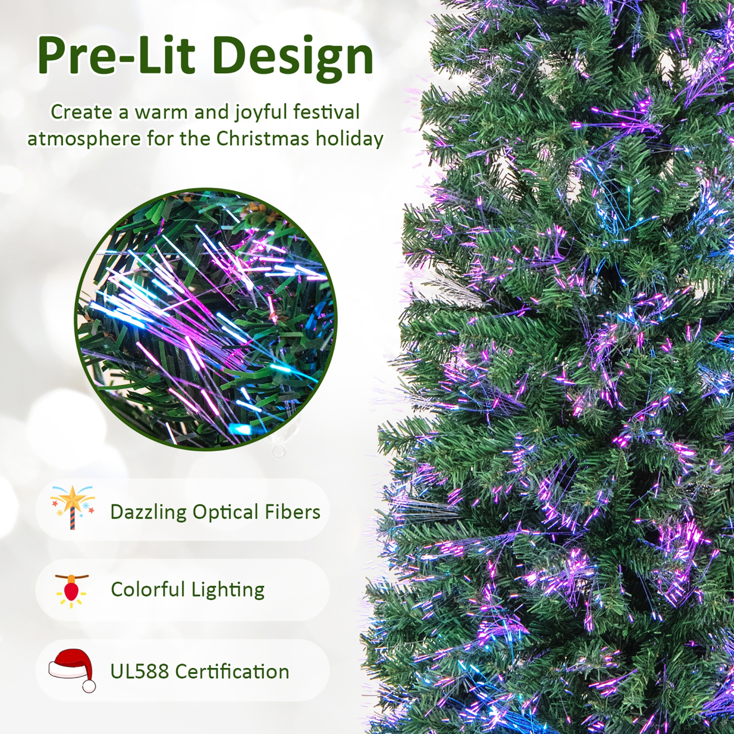 Gymax 5 FT Fiber Optic Artificial Christmas Tree Slim Pencil Xmas Tree w/ Colorful Lights & 361 Branch Tips