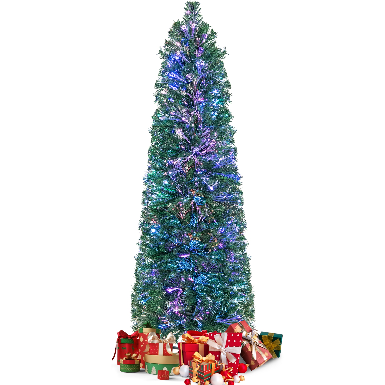 Gymax 5 FT Fiber Optic Artificial Christmas Tree Slim Pencil Xmas Tree w/ Colorful Lights & 361 Branch Tips