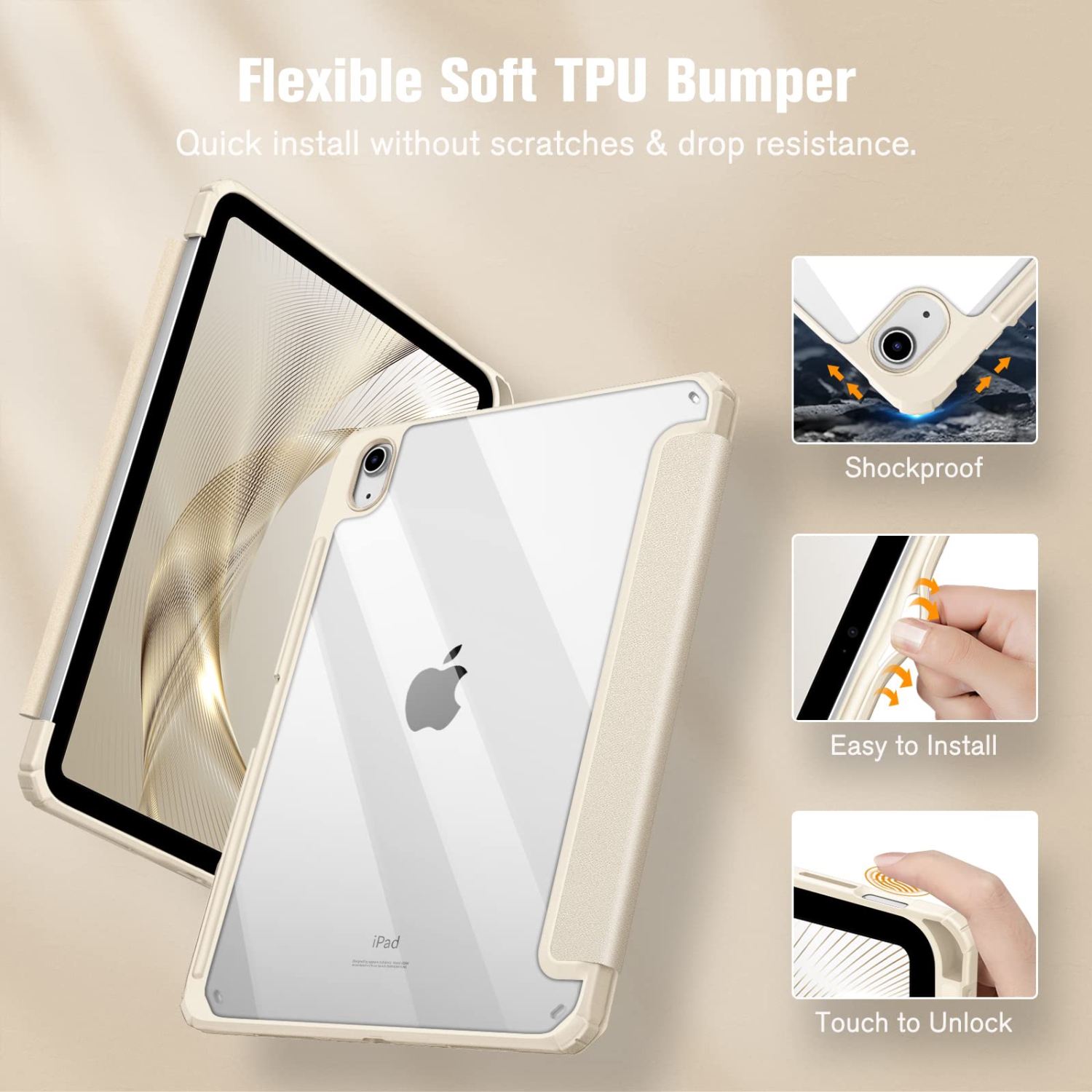 Étui hybride mince pour tablette iPad 10th génération 10,9 po - Étui antichoc avec porte-crayon intégré et coque arrière transparente, Auto