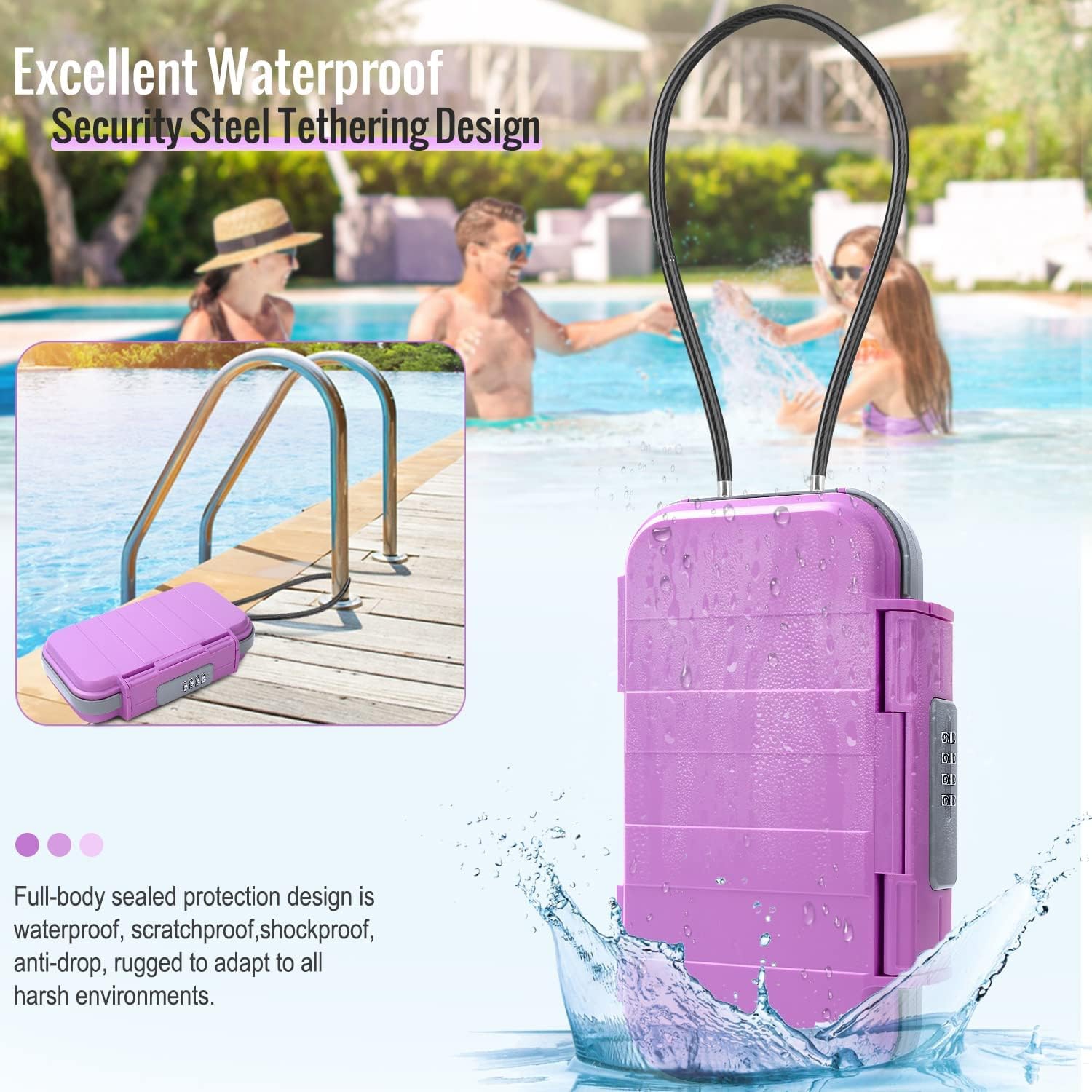 Travel Safe Portable Beach Safe Box Small Combination Safe Anti-Theft Lock Box Safe Waterproof Mini Security Case with Removable Wire Rope Security