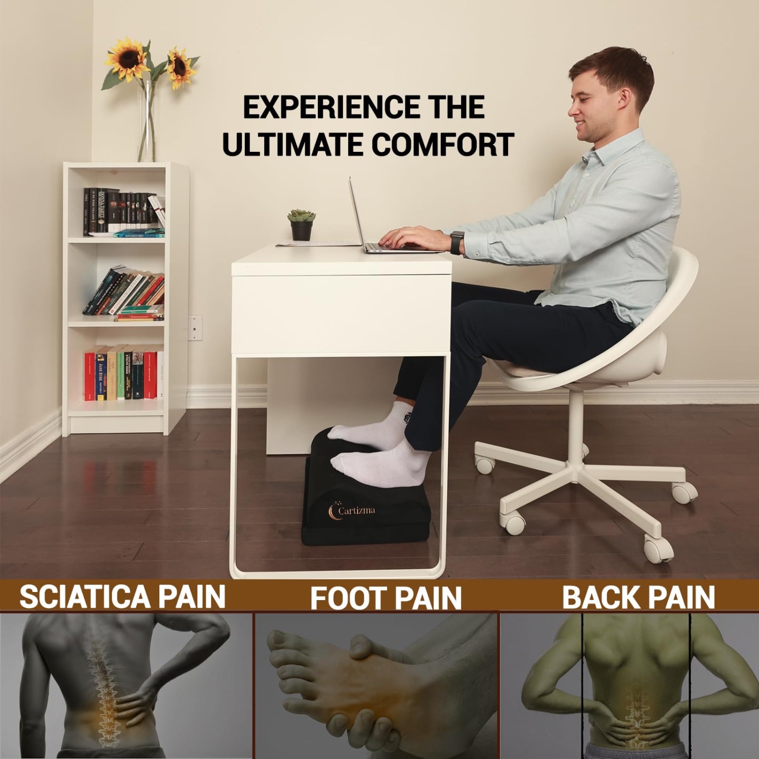 Ergonomic Foot Rest for Under Desk at Work - Wavy Shaped for Heel Support, Memory Foam, Anti-Slip, Washable Cover - Office & Gaming Footrest, Back &