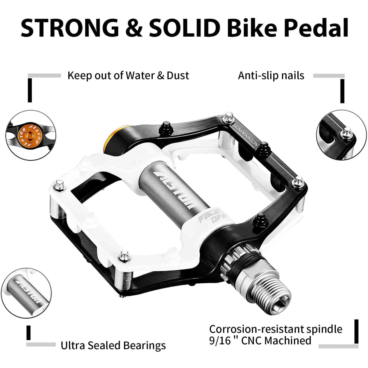 Road Bicycle MTB Aluminum Strong Pedal, Super Powerful CR-MO 9/16 Spindle 3 Pcs Ultra Sealed Bearings Face Off Pedals