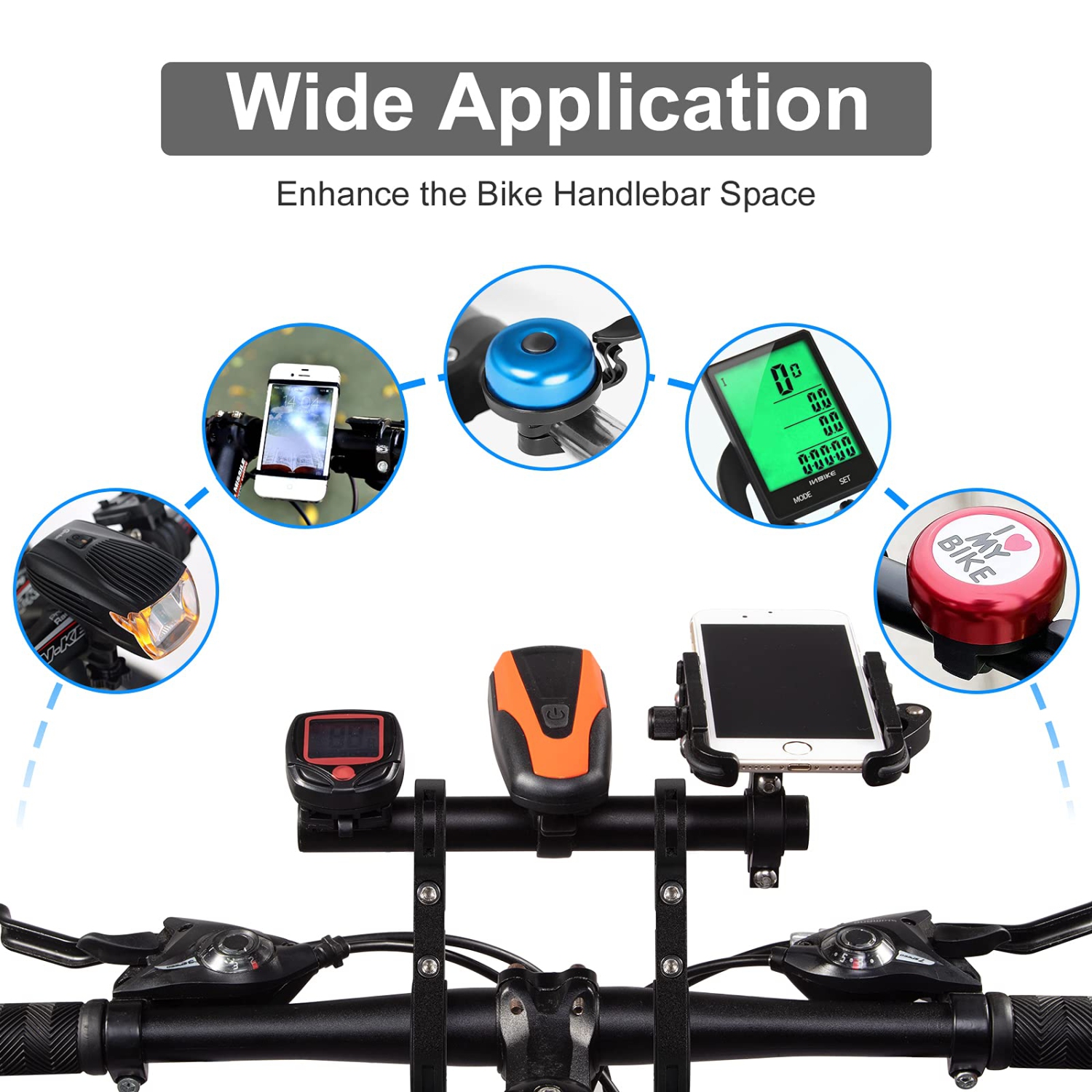 Bike Handlebar Extender, Lightweight Durable Aluminum Alloy Double Bicycle Handlebar Extension Bracket for Holding Motorcycle E-Bike Lamp Speedometer