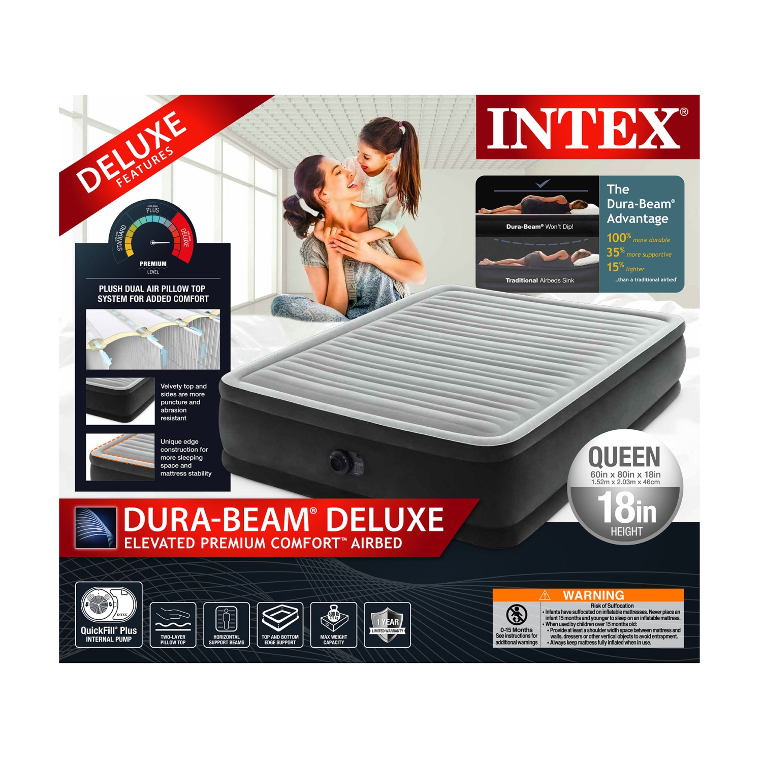 Dura-Beam Deluxe Comfort-Plush Air Mattress 18" Queen w/ Built-In Electric Pump