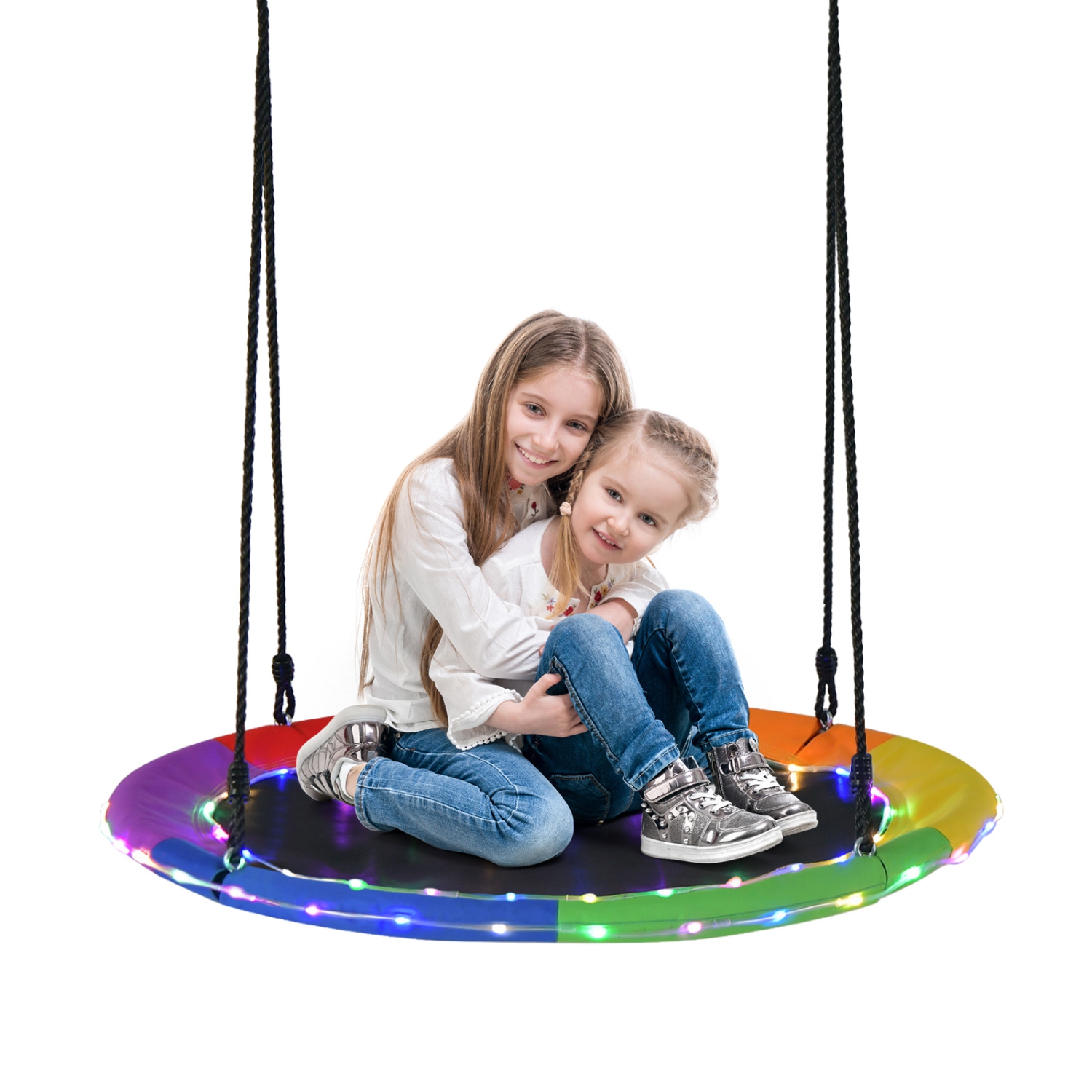 Topbuy 40" Flying Saucer Tree Swing 660 lbs Capacity Outdoor Swing with Multi-colored LED Lights - 3/8 Light Modes Hanging Round Swing Rainbow/Navy