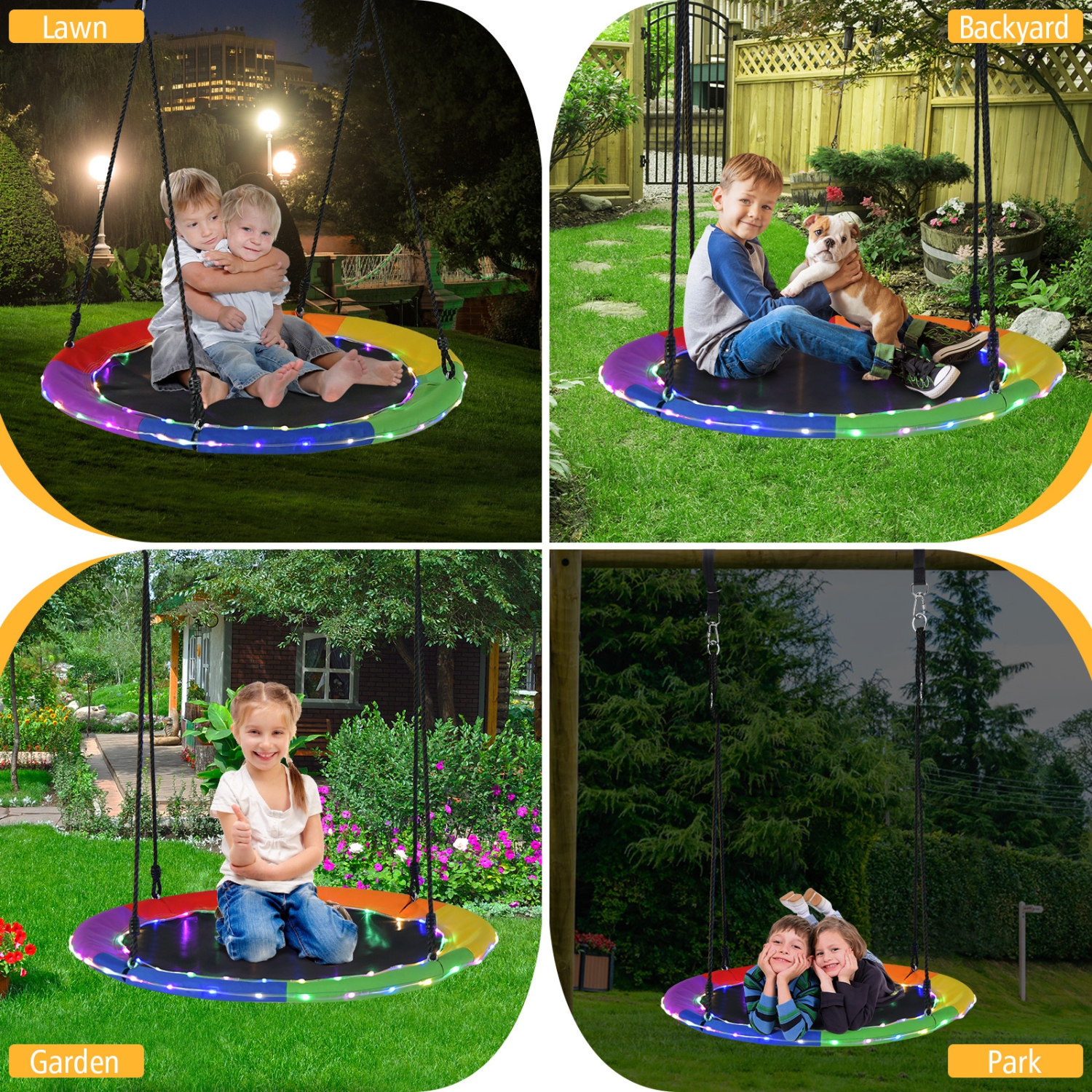 Topbuy 40" Flying Saucer Tree Swing 660 lbs Capacity Outdoor Swing with Multi-colored LED Lights - 3/8 Light Modes Hanging Round Swing Rainbow/Navy