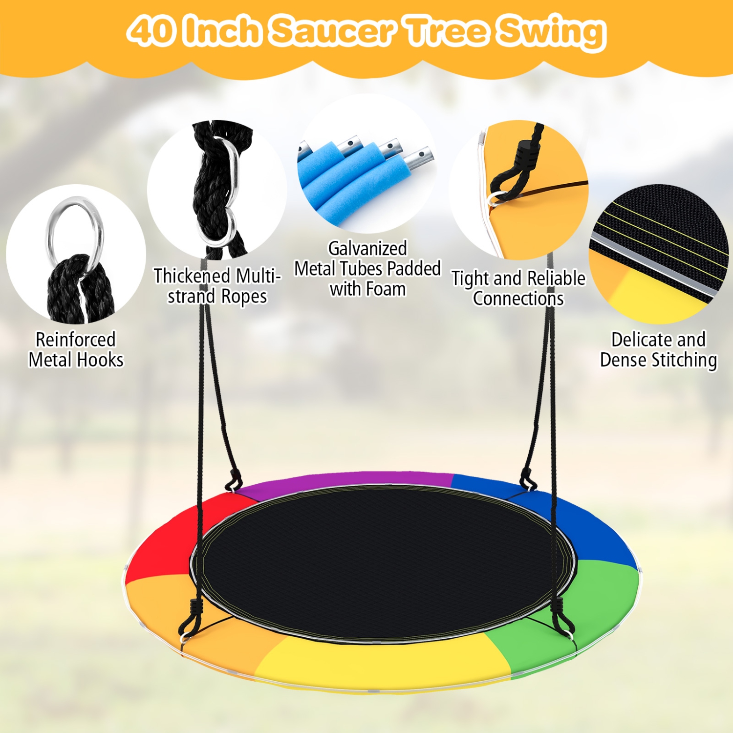 Topbuy 40" Flying Saucer Tree Swing 660 lbs Capacity Outdoor Swing with Multi-colored LED Lights - 3/8 Light Modes Hanging Round Swing Rainbow/Navy