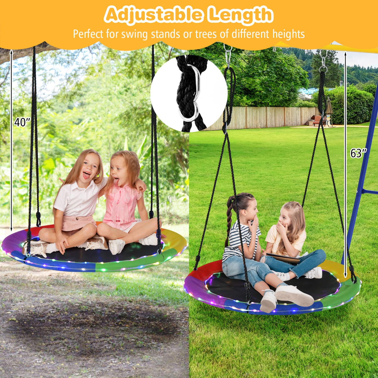 Topbuy 40" Flying Saucer Tree Swing 660 lbs Capacity Outdoor Swing with Multi-colored LED Lights - 3/8 Light Modes Hanging Round Swing Rainbow/Navy