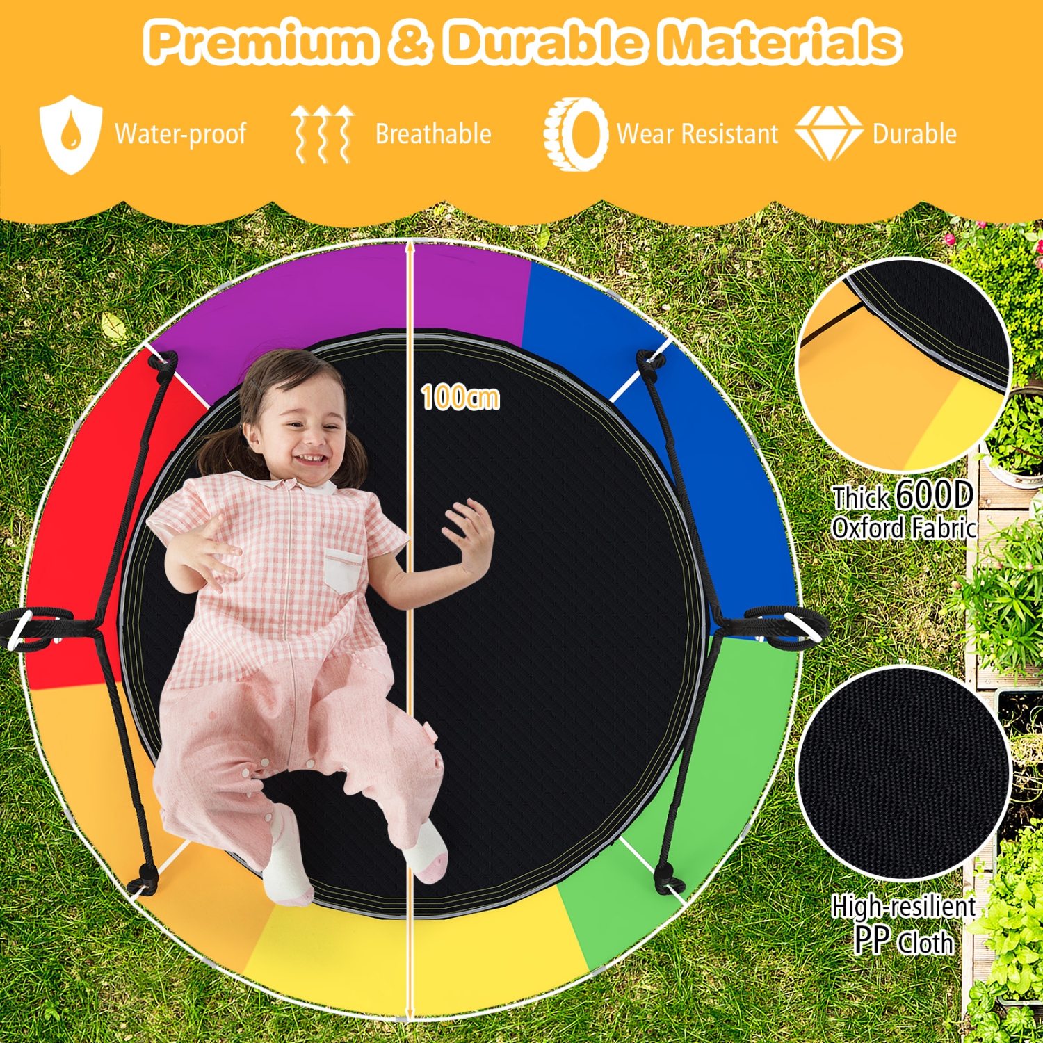 Topbuy 40" Flying Saucer Tree Swing 660 lbs Capacity Outdoor Swing with Multi-colored LED Lights - 3/8 Light Modes Hanging Round Swing Rainbow/Navy