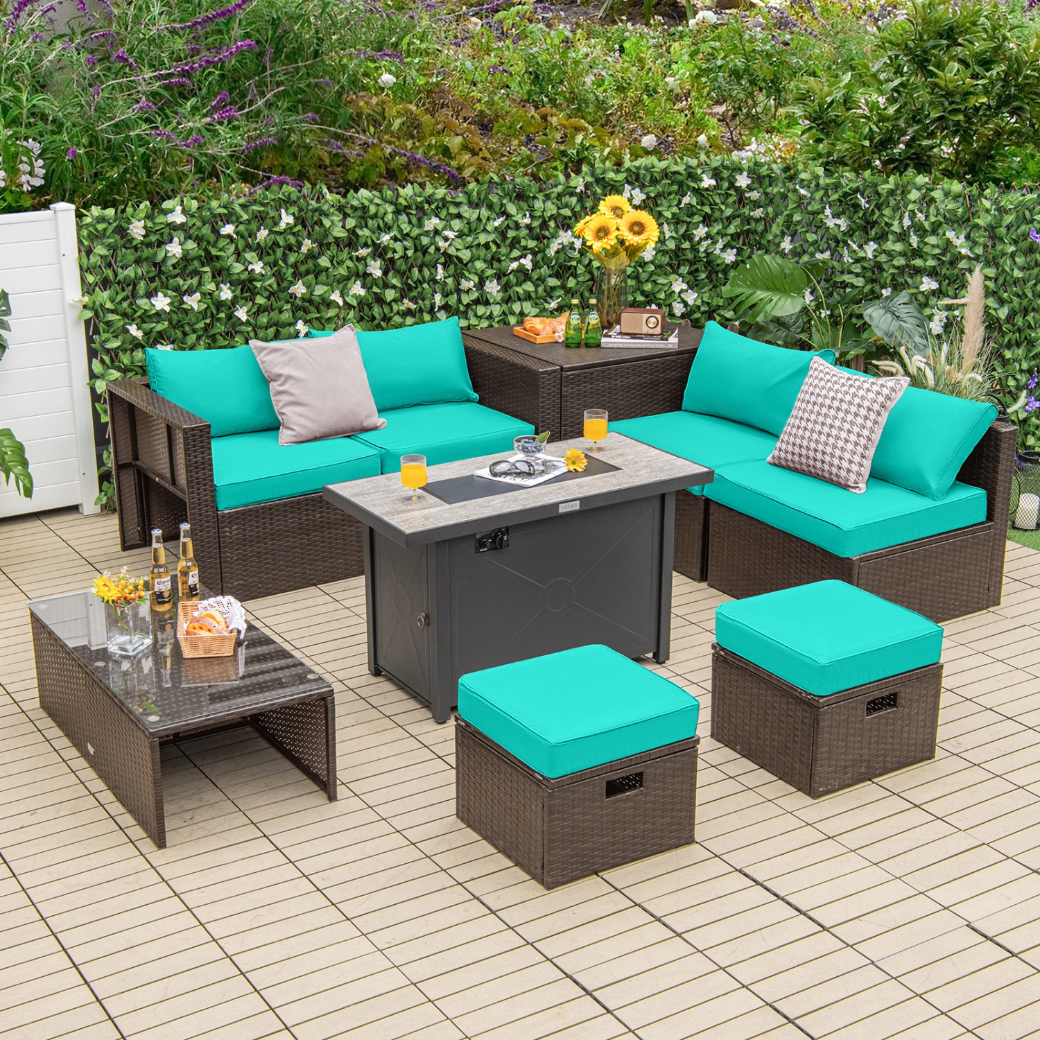 Topbuy 9 Pieces Outdoor Patio Furniture Set with 42" Propane Fire Pit Table Outdoor PE Wicker Space-Saving Sectional Sofa Set