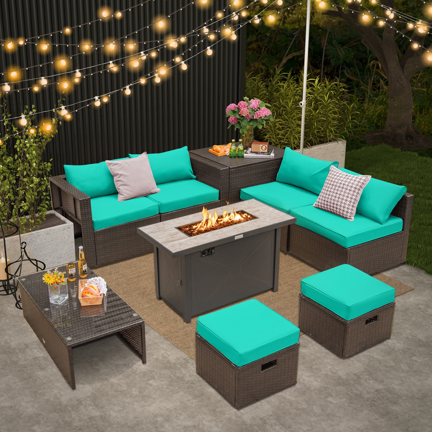 Topbuy 9 Pieces Outdoor Patio Furniture Set with 42" Propane Fire Pit Table Outdoor PE Wicker Space-Saving Sectional Sofa Set