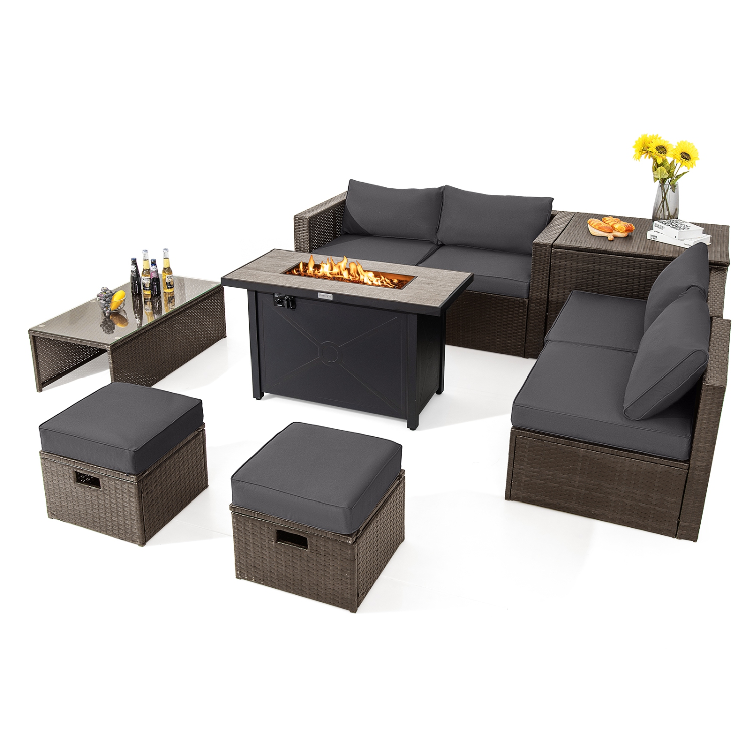 Topbuy 9 Pieces Outdoor Patio Furniture Set with 42" Propane Fire Pit Table Outdoor PE Wicker Space-Saving Sectional Sofa Set