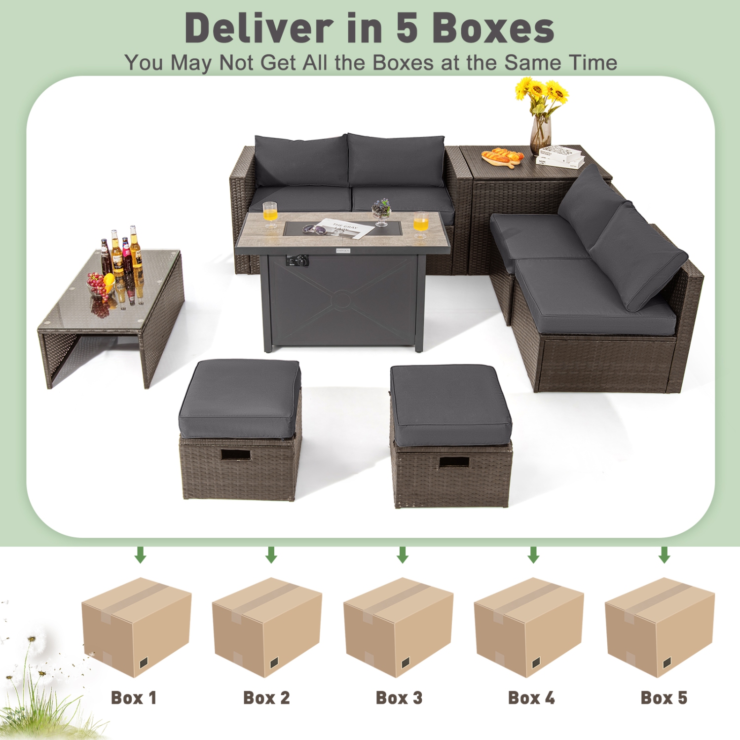 Topbuy 9 Pieces Outdoor Patio Furniture Set with 42" Propane Fire Pit Table Outdoor PE Wicker Space-Saving Sectional Sofa Set