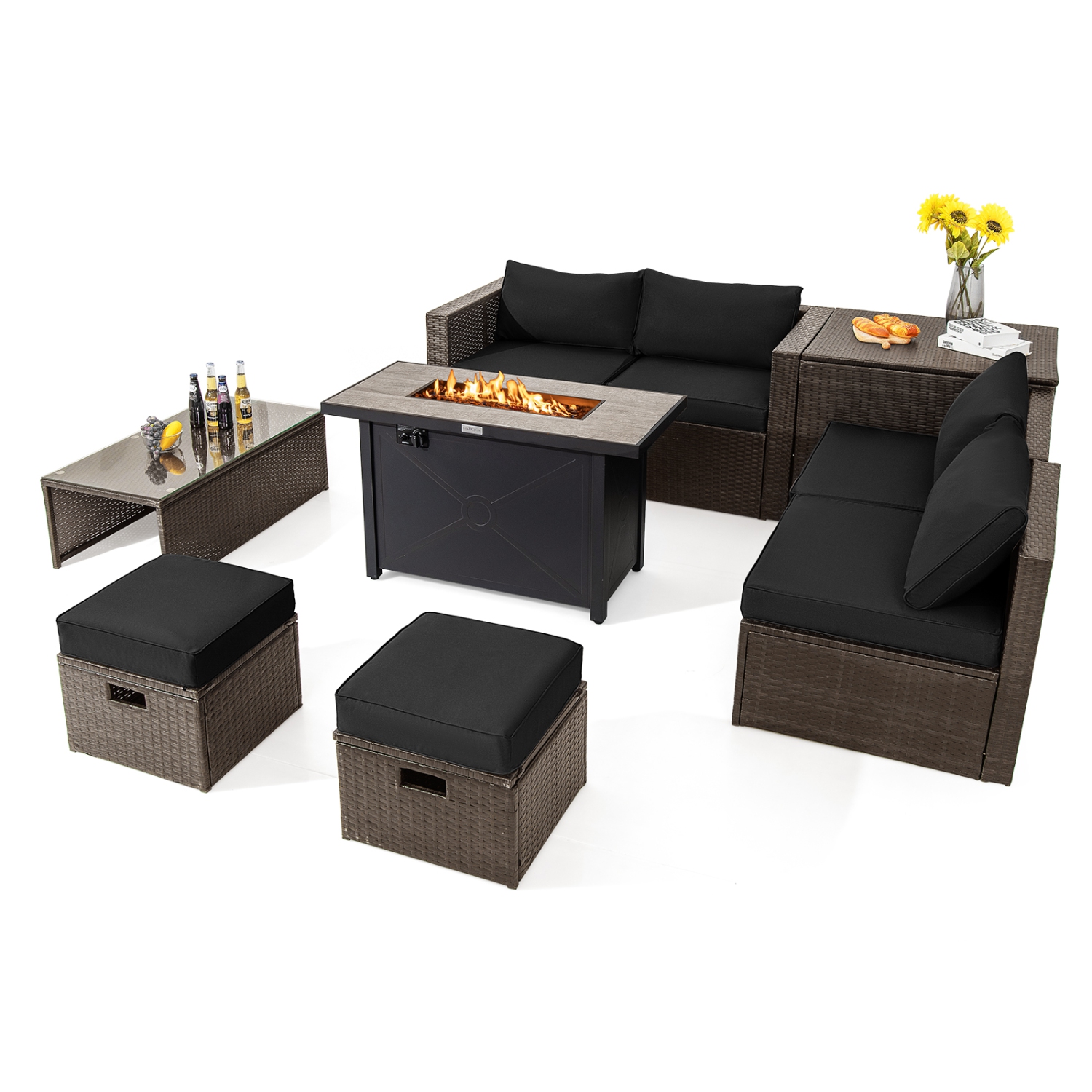 TopBuy – Ensemble de meubles de patio extérieur 9 pièces avec table à foyer au propane 42 po, osier polyéthylène, sofa modulaire, noir/gris/bleu