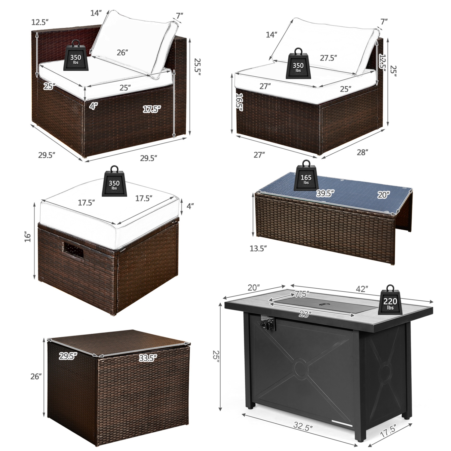 TopBuy – Ensemble de meubles de patio extérieur 9 pièces avec table à foyer au propane 42 po, osier polyéthylène, sofa modulaire, noir/gris/bleu