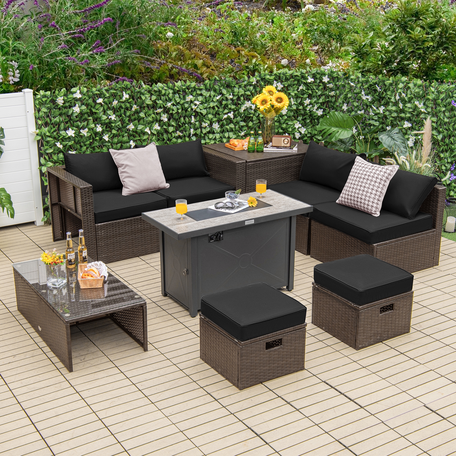 TopBuy – Ensemble de meubles de patio extérieur 9 pièces avec table à foyer au propane 42 po, osier polyéthylène, sofa modulaire, noir/gris/bleu