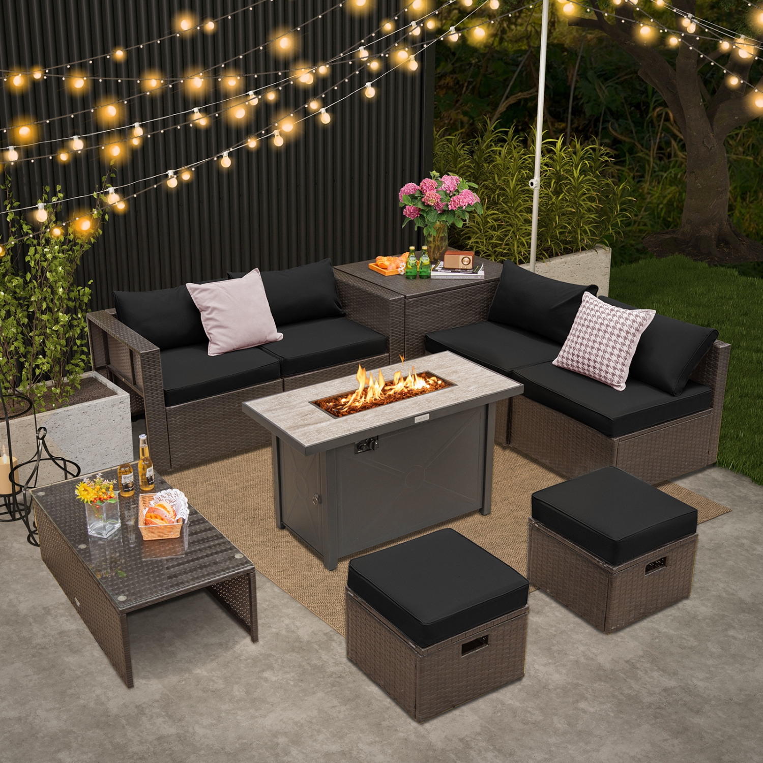 TopBuy – Ensemble de meubles de patio extérieur 9 pièces avec table à foyer au propane 42 po, osier polyéthylène, sofa modulaire, noir/gris/bleu