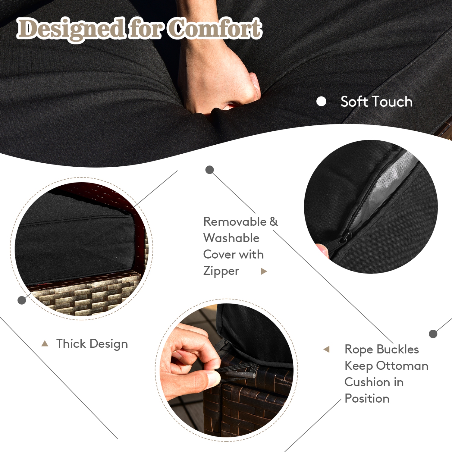 TopBuy – Ensemble de meubles de patio extérieur 9 pièces avec table à foyer au propane 42 po, osier polyéthylène, sofa modulaire, noir/gris/bleu