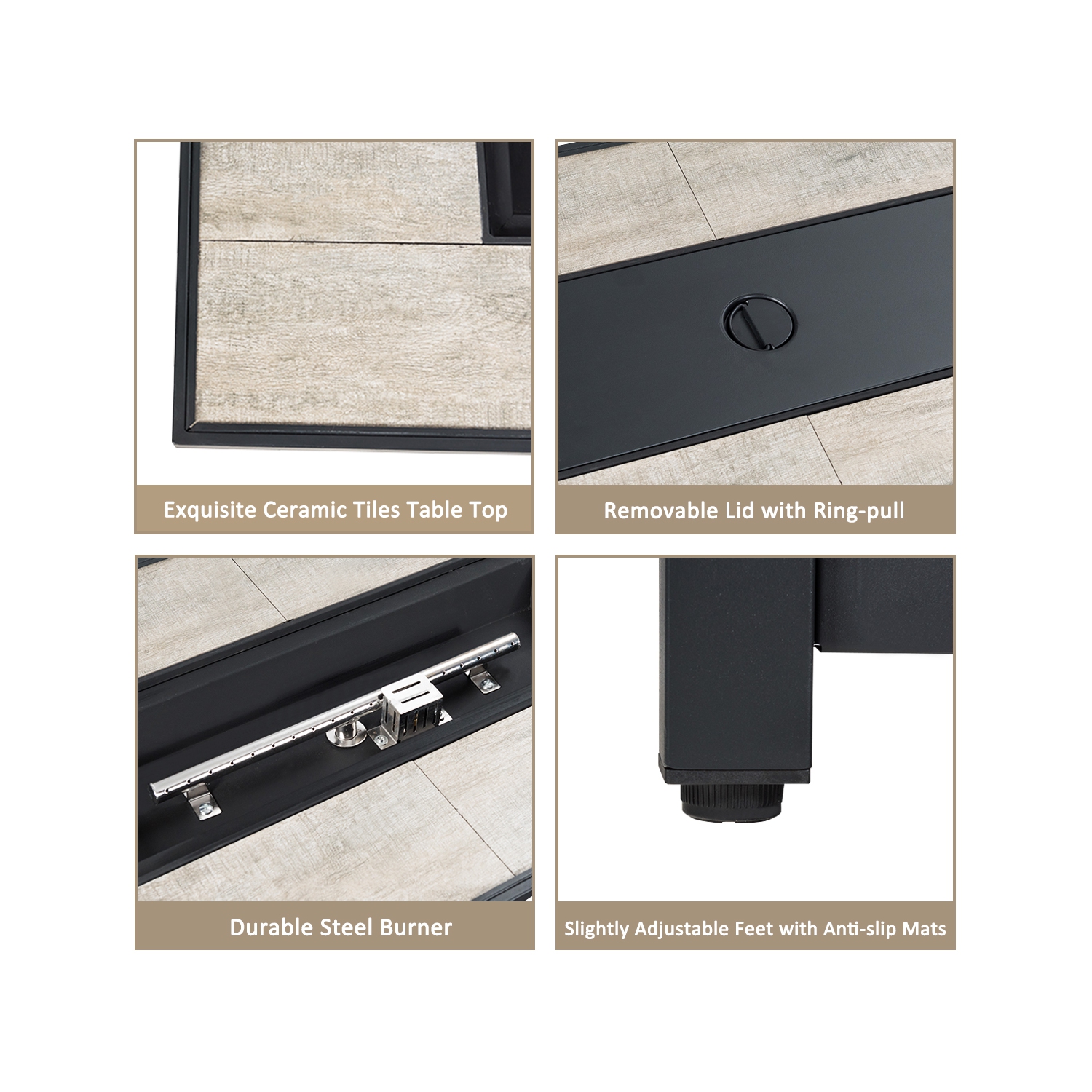 TopBuy – Ensemble de meubles de patio extérieur 9 pièces avec table à foyer au propane 42 po, osier polyéthylène, sofa modulaire, noir/gris/bleu