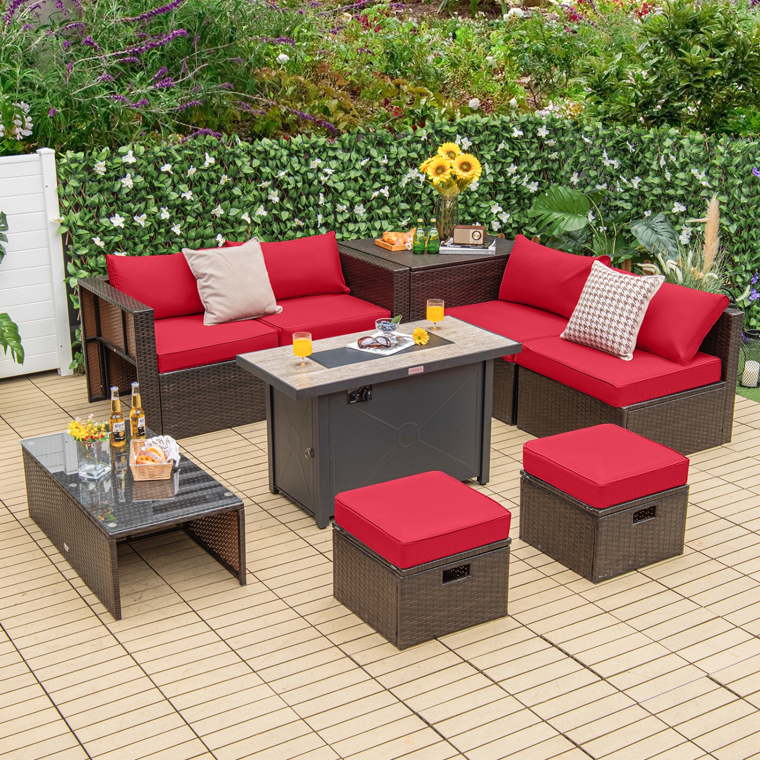 TopBuy – Ensemble de meubles de patio extérieur 9 pièces avec table à foyer au propane 42 po, osier polyéthylène, sofa modulaire, noir/gris/bleu