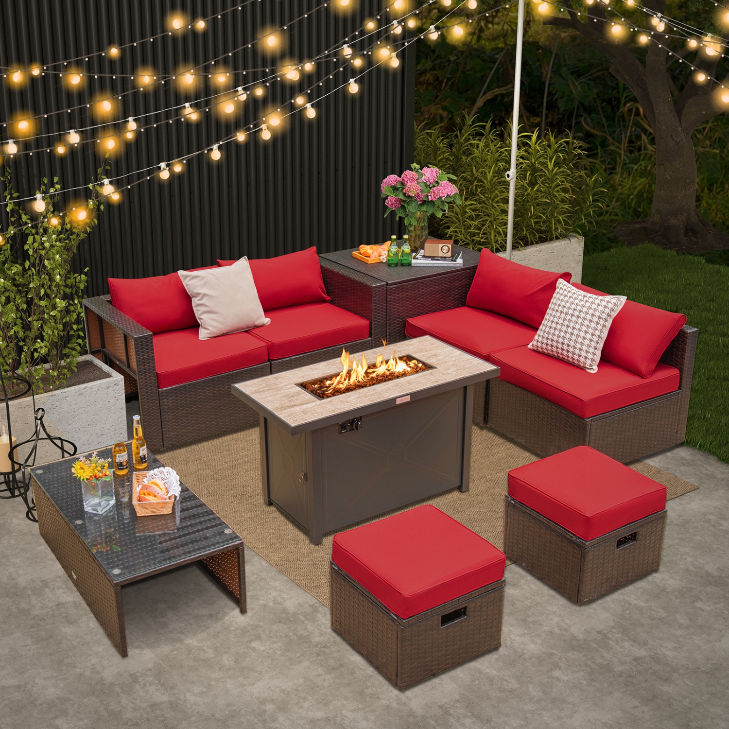 TopBuy – Ensemble de meubles de patio extérieur 9 pièces avec table à foyer au propane 42 po, osier polyéthylène, sofa modulaire, noir/gris/bleu