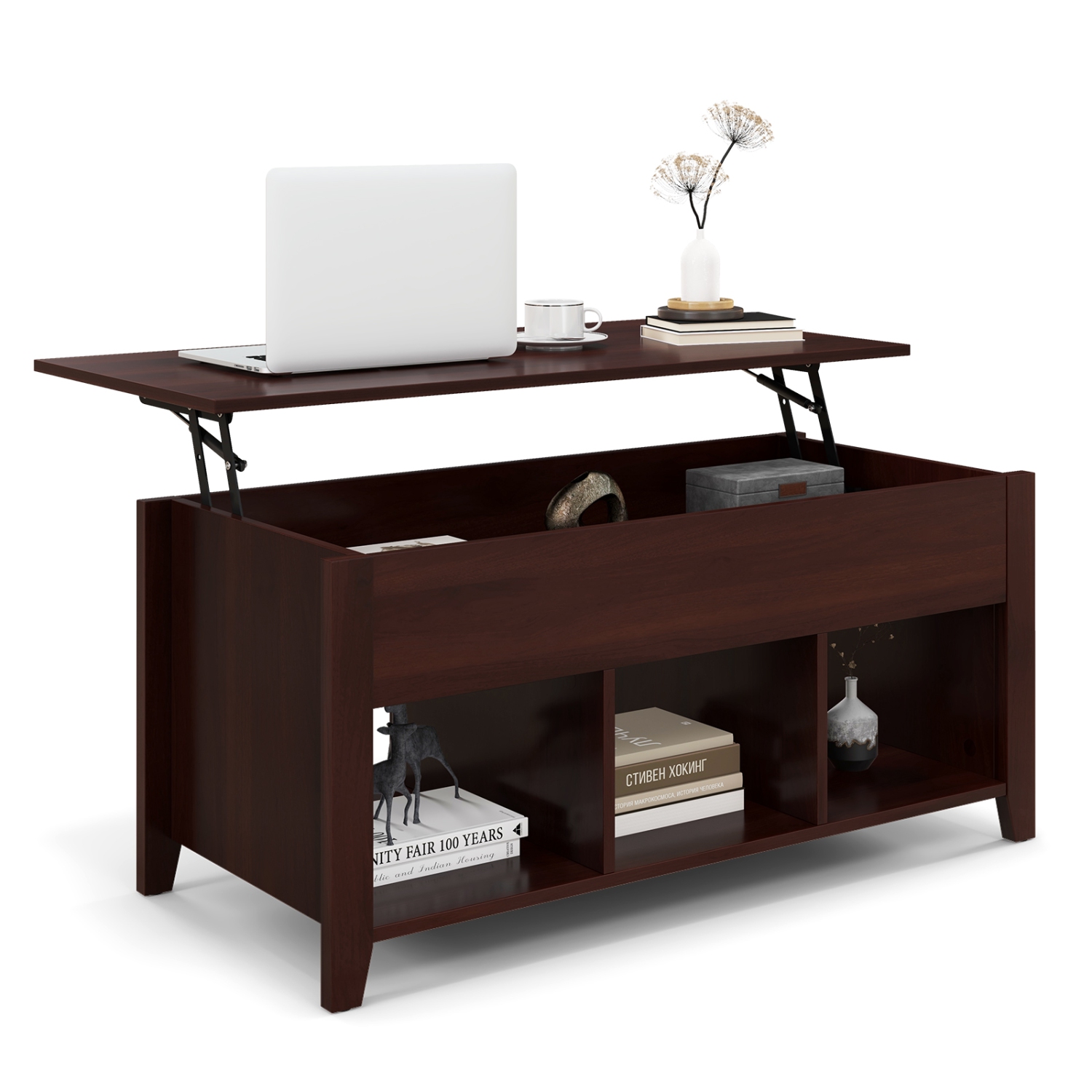 Topbuy Lift Up Coffee Table, Rising Center Table with Lift Top Hidden Compartment & 3 Cubes Modern Dining Accent Table Furniture Brown