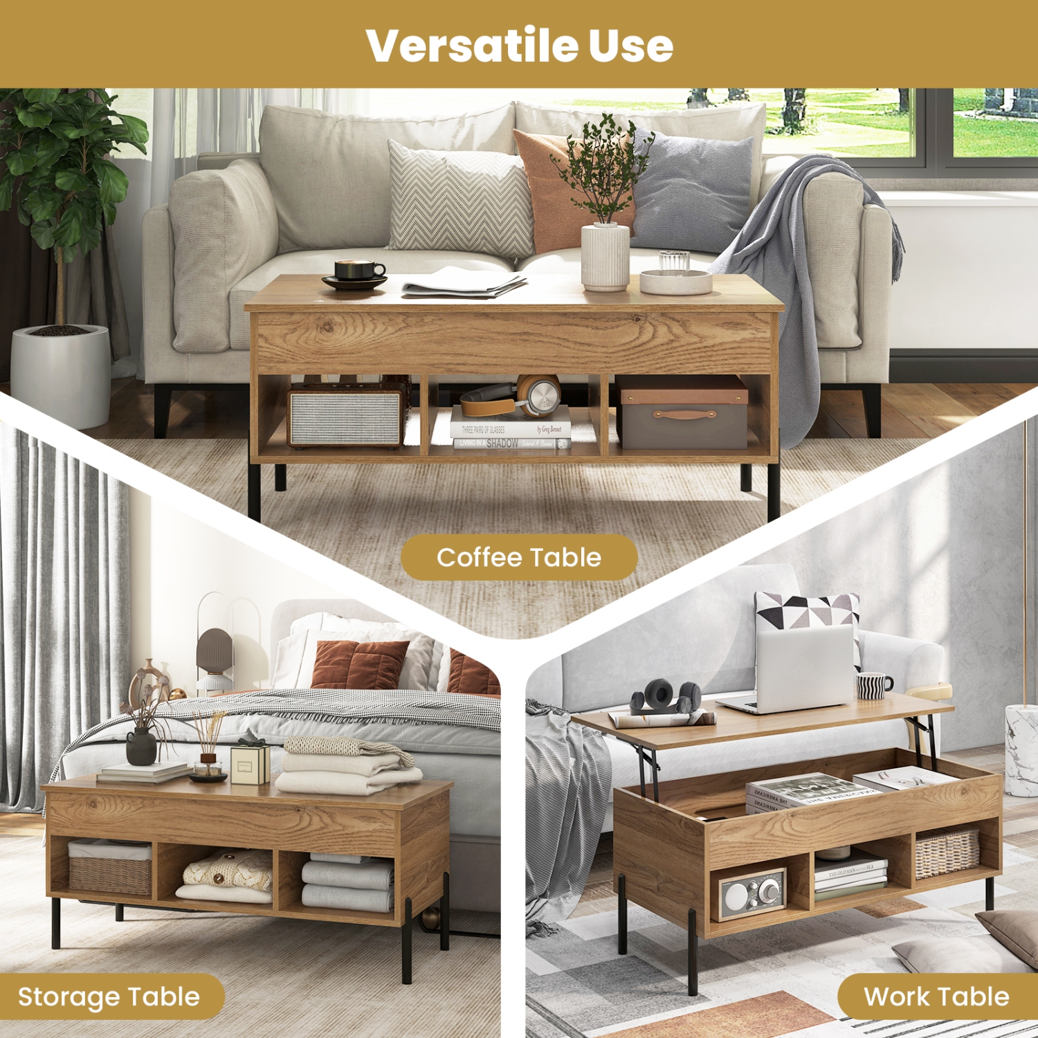 Table basse à dessus relevable Topbuy avec table centrale à pattes en métal avec compartiment dissimulé et 3 compartiments ouverts table de travail