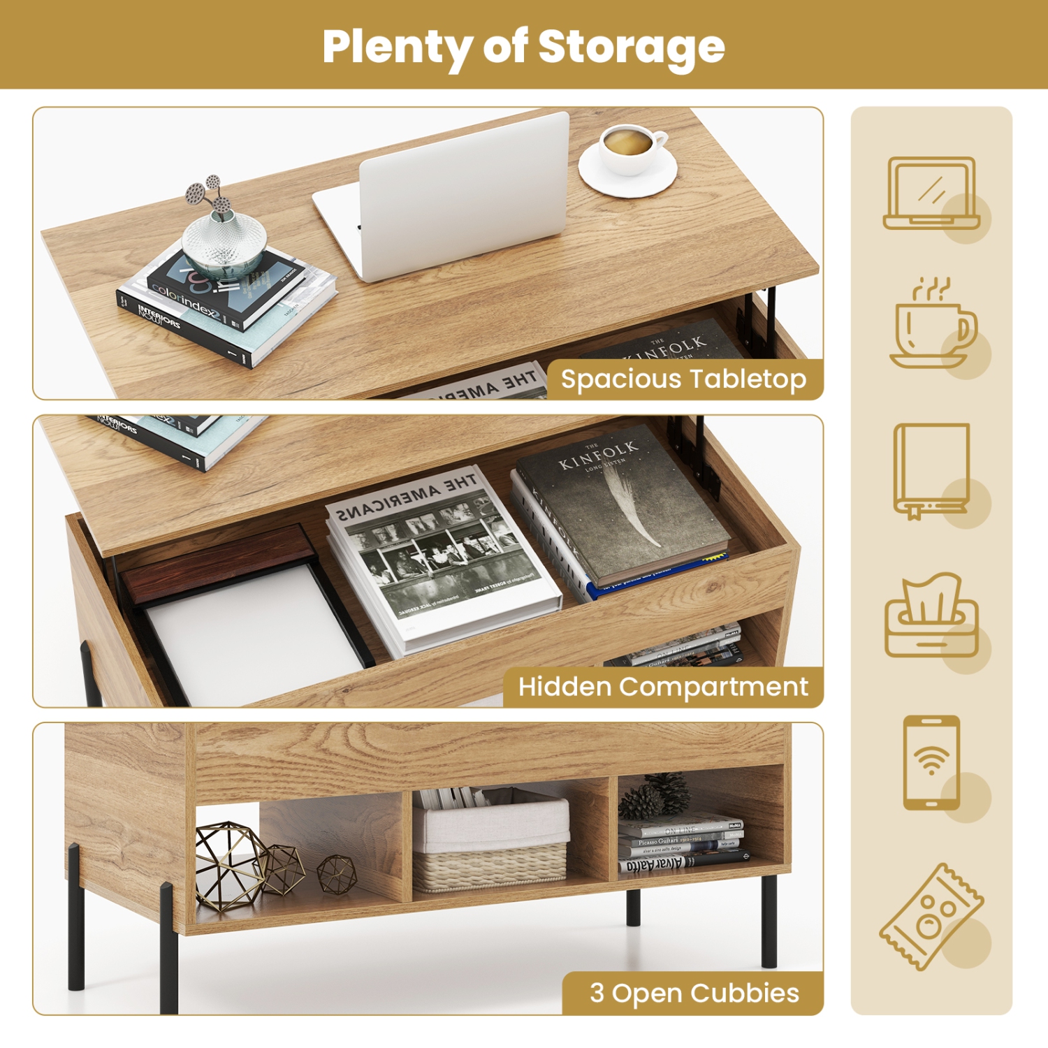 Table basse à dessus relevable Topbuy avec table centrale à pattes en métal avec compartiment dissimulé et 3 compartiments ouverts table de travail
