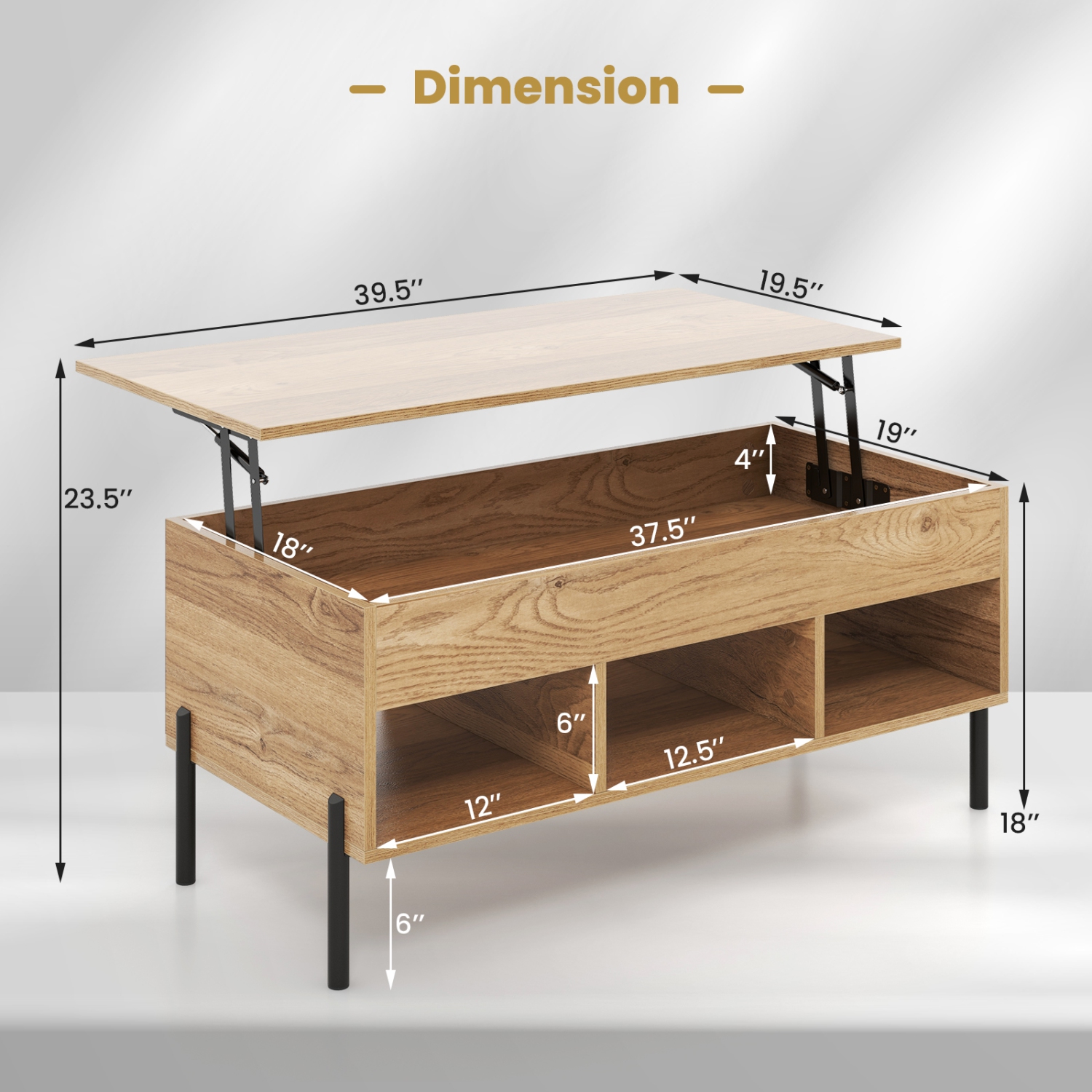 Table basse à dessus relevable Topbuy avec table centrale à pattes en métal avec compartiment dissimulé et 3 compartiments ouverts table de travail