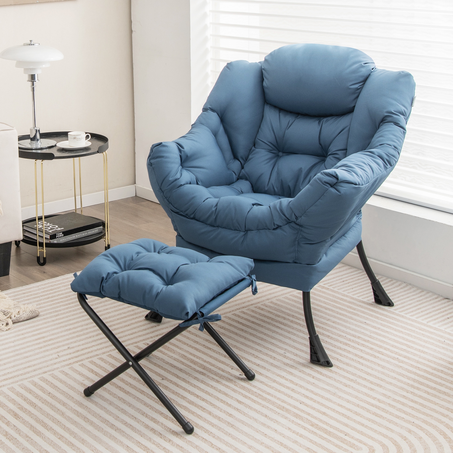 Topbuy Lazy Chair with Ottoman Modern Leisure Reading Chair with Pillow Armrests Side Pocket & Footrest Beige/Grey/Blue